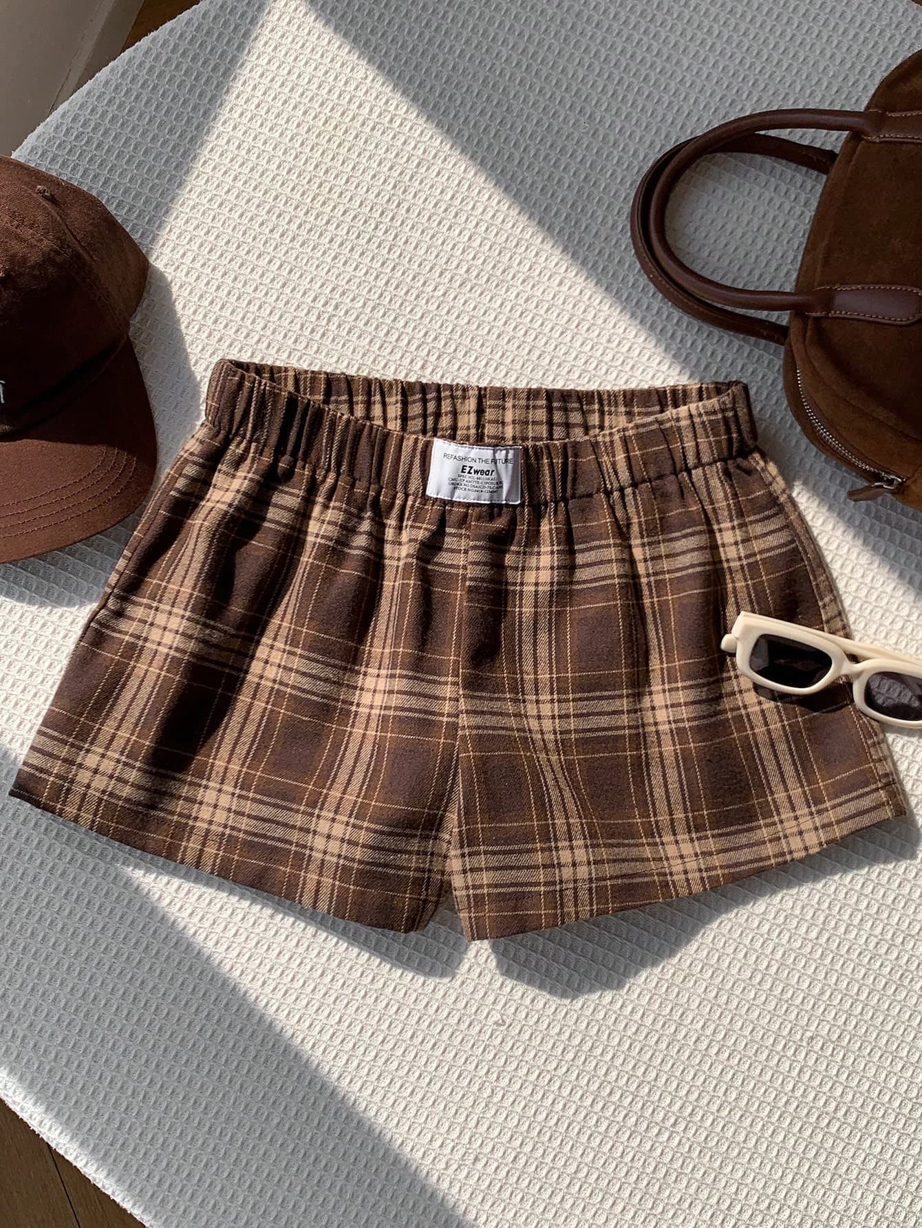 Comfortcana Women's Summer Casual Plaid Shorts City Break Brown And Cream
