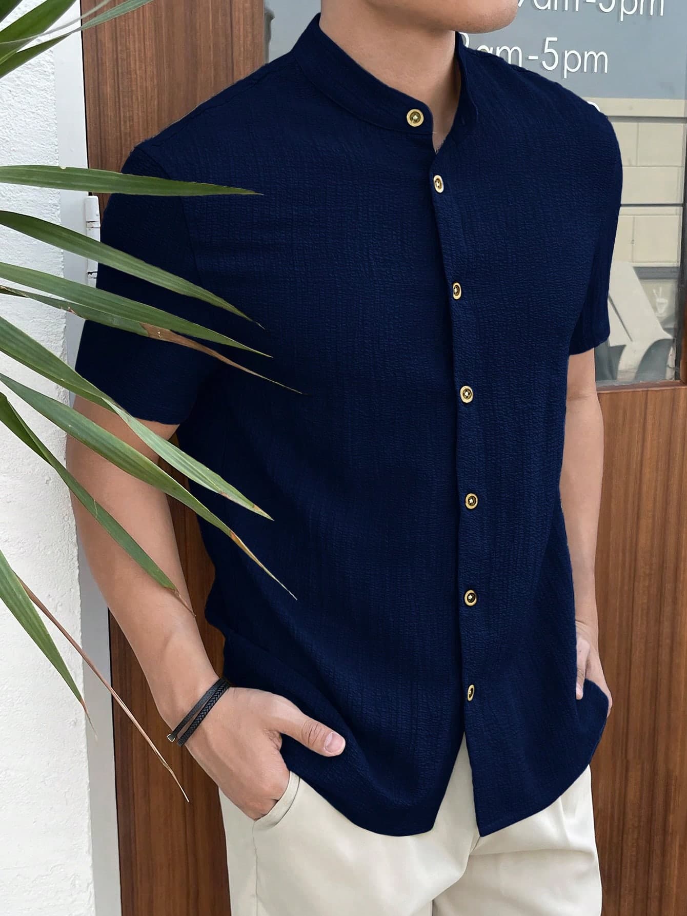 HIMLAND Men's Navy Blue Striped Short Sleeve Button Down Shirt,Summer Smart Casual Holiday Grandad Shirt Collarless Slim Fit Lightweight Breathable Beach Top