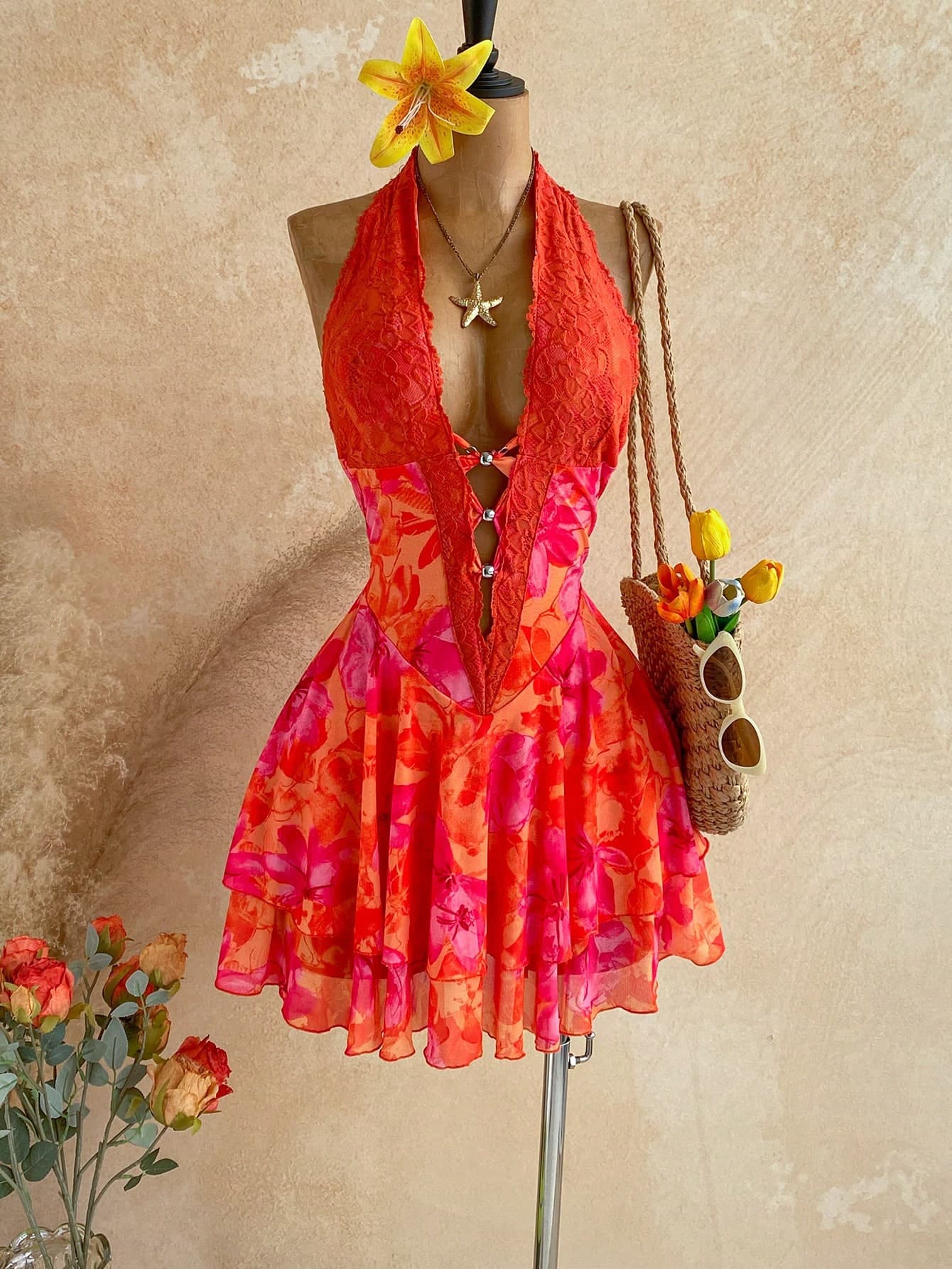 Soleia Women's Floral Print Halter Neck Tie Sexy Tropical Date Vacation Holiday Vacation Mini Dress Red Orange Autumn,Holiday Beach Music Festival
