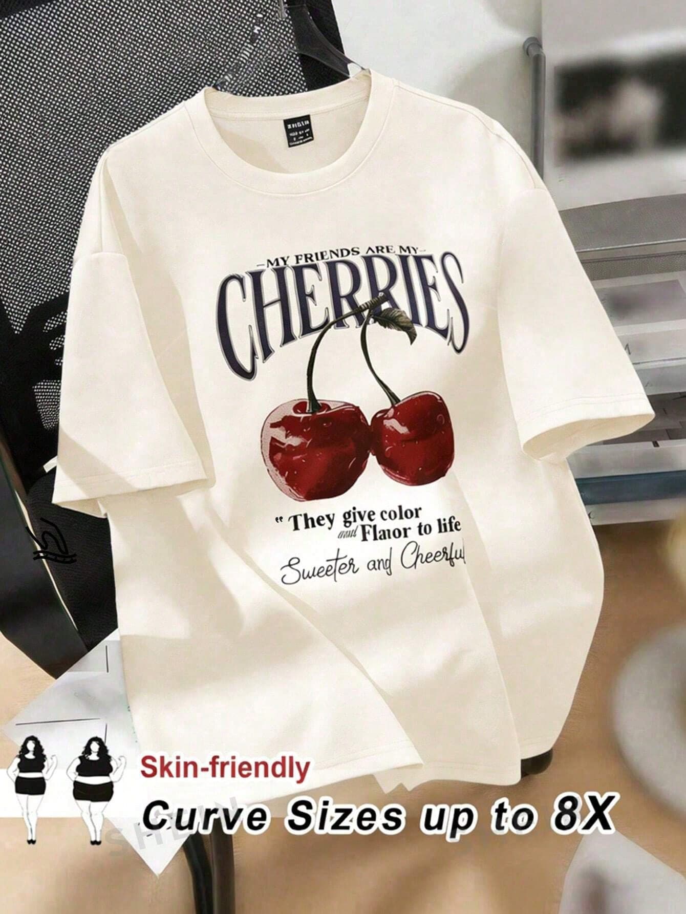 SHEIN CURVE+ Plus Size Women's Vacation Round Neck Short Sleeved Loose T-Shirt, Vacation Pattern Apricot T-Shirt Boho Vacation