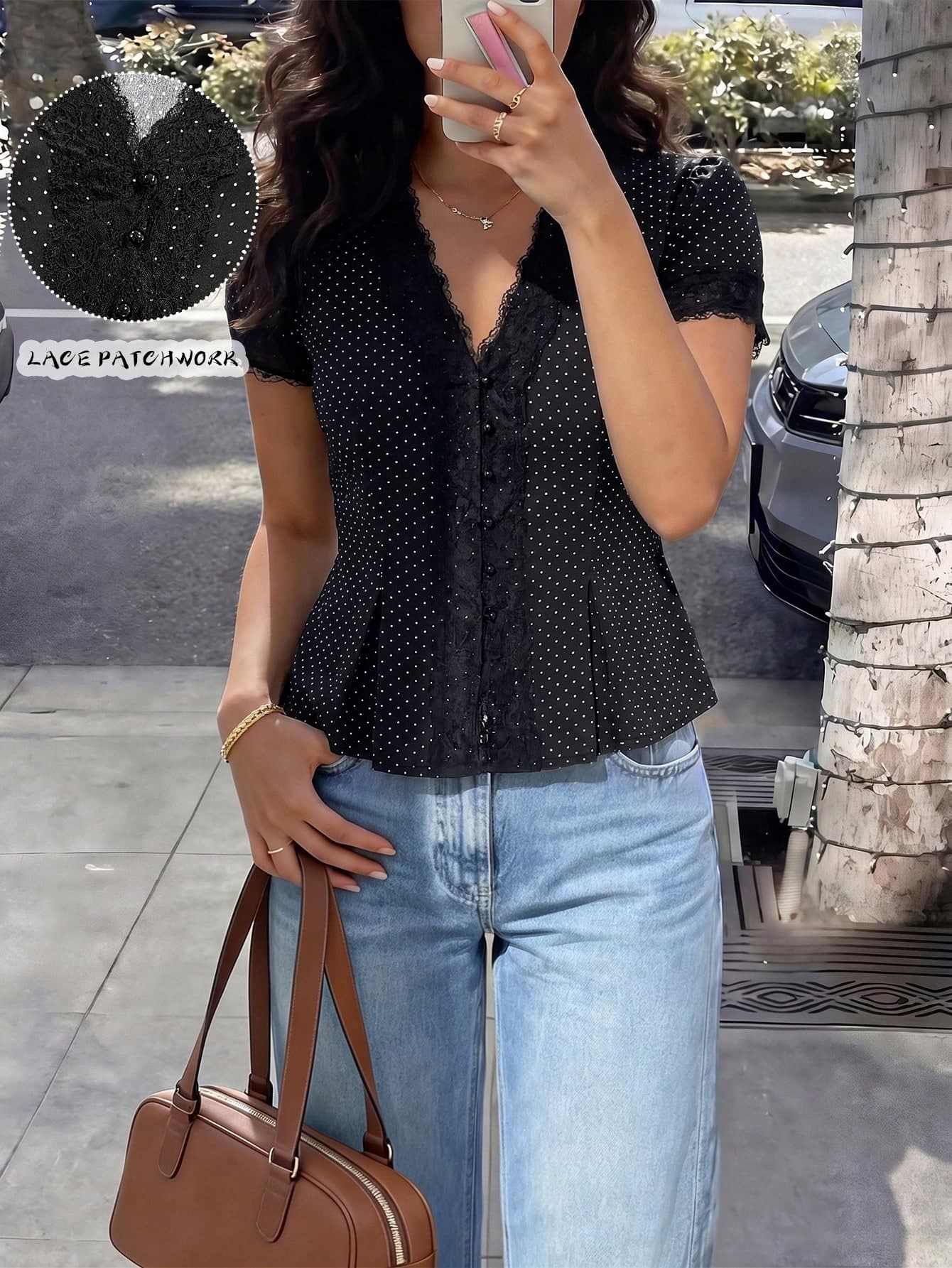 Vionelle Plus Size Women's Summer Casual 1950s Vintage Vacation Black And White Print V-Neck Contrast Color Lace Back Tie Blouse Short Sleeve Shirt Party