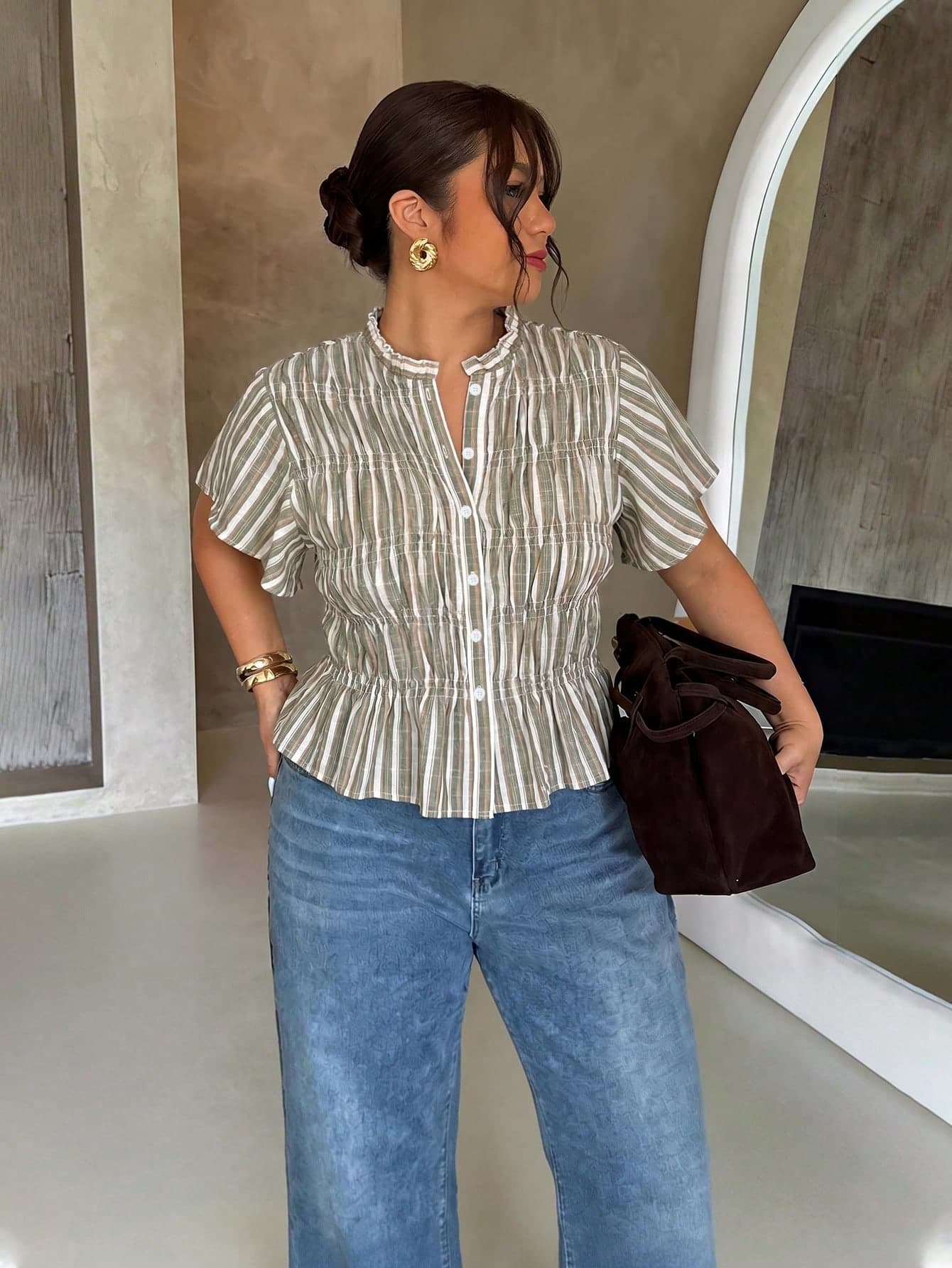Firerie Plus Size Women's Striped Short Sleeve Single-Breasted Casual Shirt Casual Summer Vacation Daily Going Out Blouse For Women Casual Business Blouse