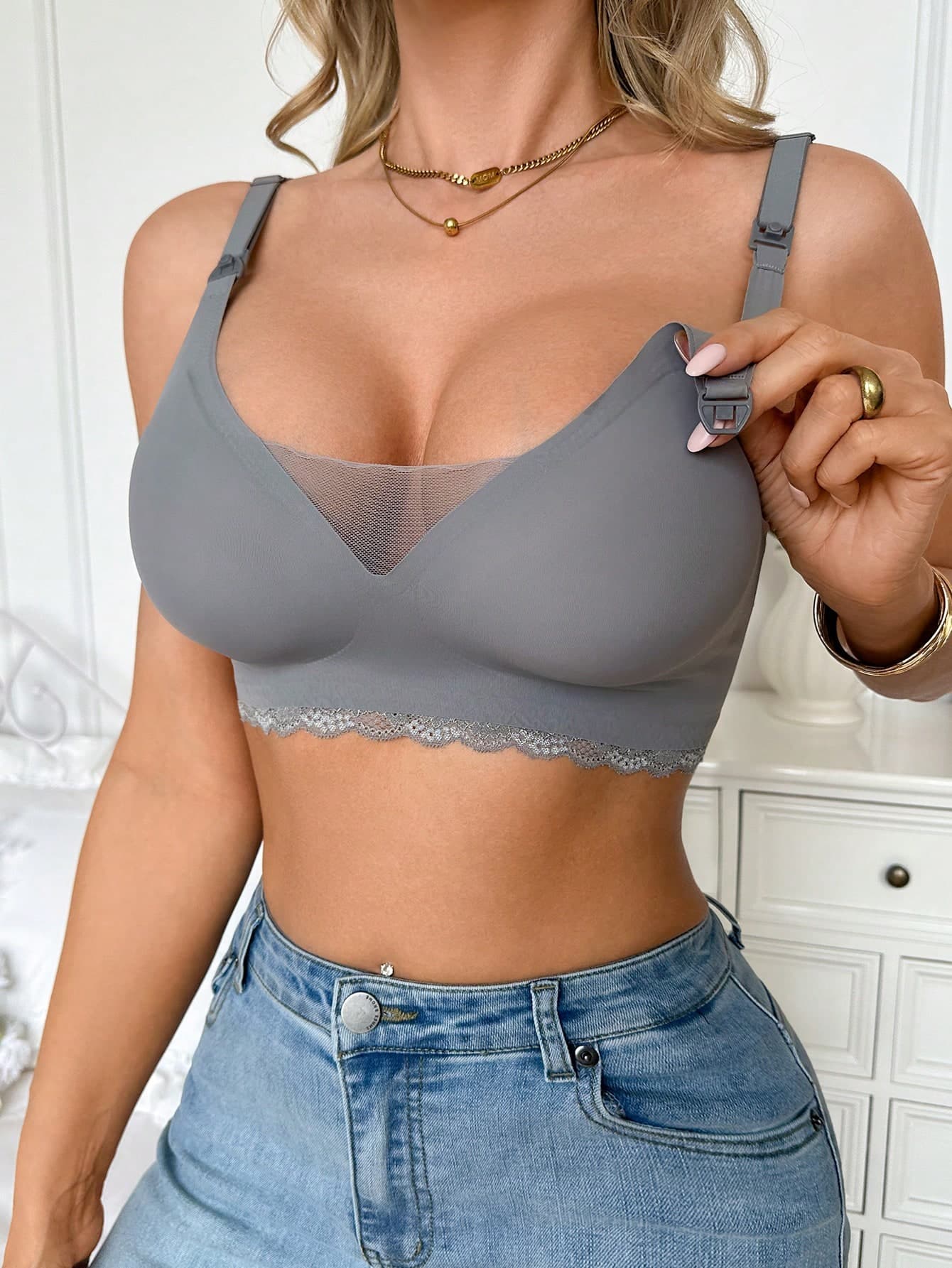 Moonlight&Mama 1pc Solid Color Lace Trim Mesh Seamless Maternity Underwear