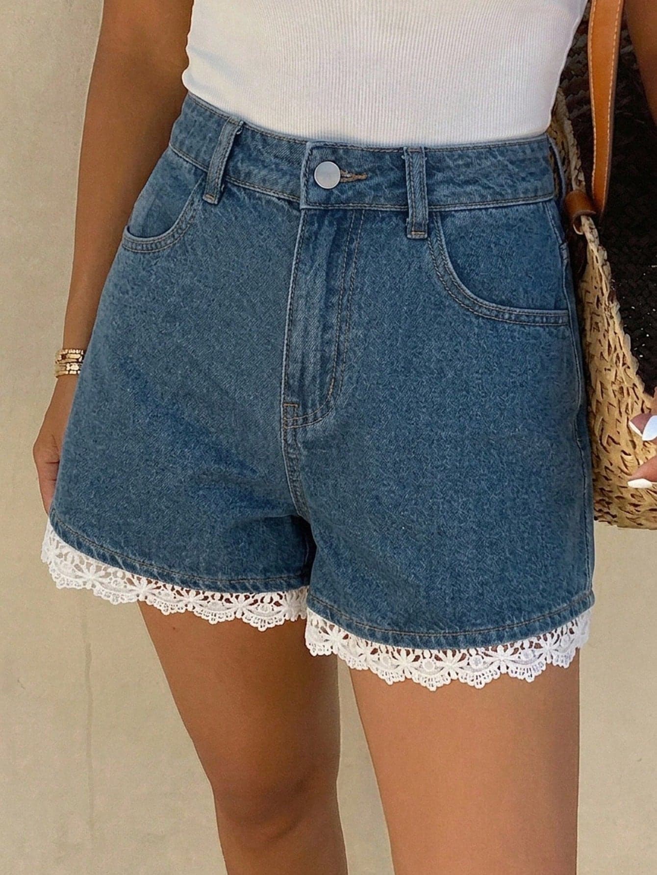 Livesso Summer Autumn High Waist Blue Solid Color Lace Trim Hem Casual Cotton Loose Button Women's Denim Shorts