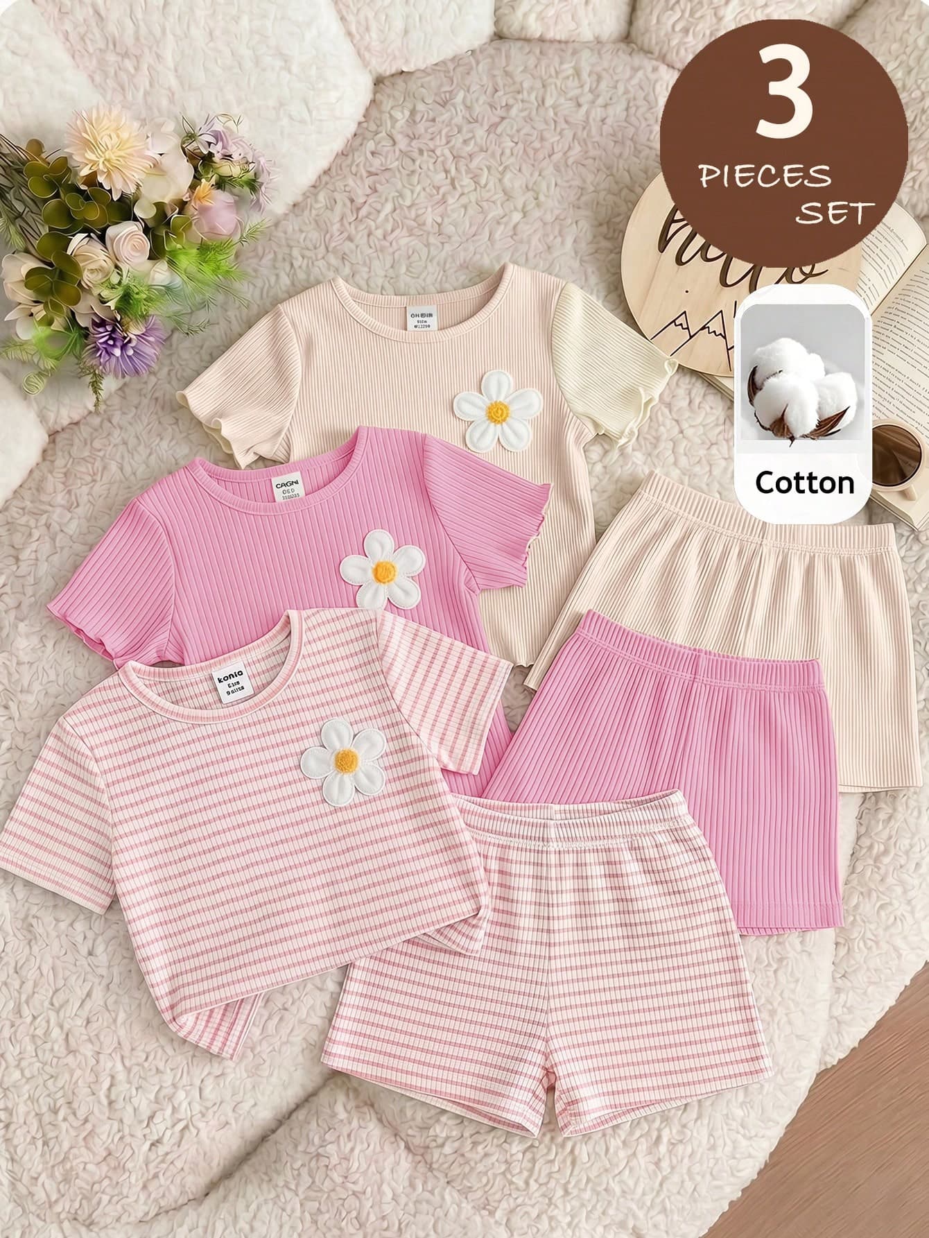 SHEIN LMoss Kids Baby Girl 3pcs Knitted Casual Crew Neck T-Shirt Set, Cute Floral & Striped Knit