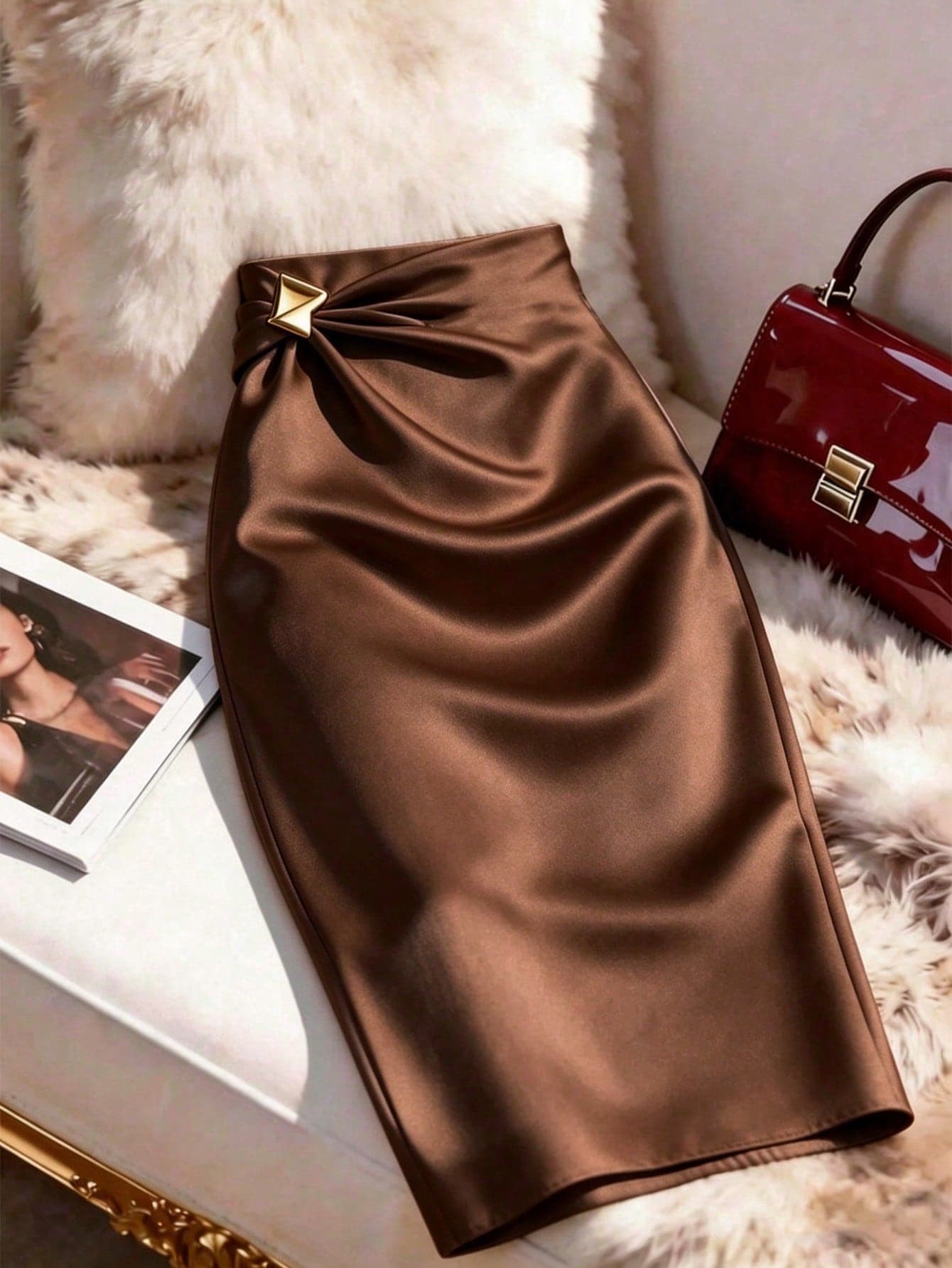 GlowEve Women's Light Pink Smooth Satin Fitted Pencil Skirt, Satin Glossy Fabric, Waist Metal Buckle Decoration, Daily Skirt, Elegant Skirt, Light Pink Skirt, Summer New Style, Women's Elegant Skirt, Summer Women's Skirt, Women's Elegant Formal Skirt, Women's Pencil Skirt, Women's Vacation Skirt, Women's Skirt, Graduation Season Outfit, Fashion Casual Commuter Wear, Business Office Wear, Multi-Functional And Fashionable Daily Casual Wear, Urban Teacher Professional Wear
