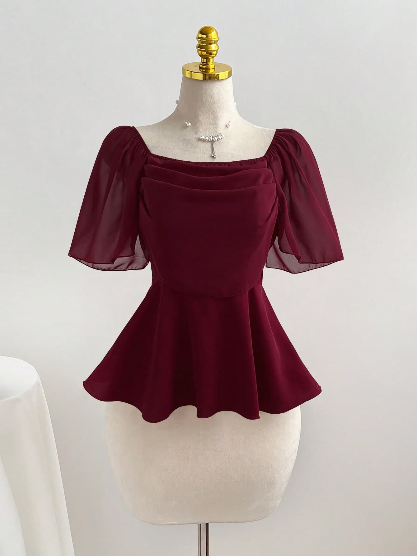 Elamini Elegant Square Neck Pleated Waist Flared Hem Women's Blouse