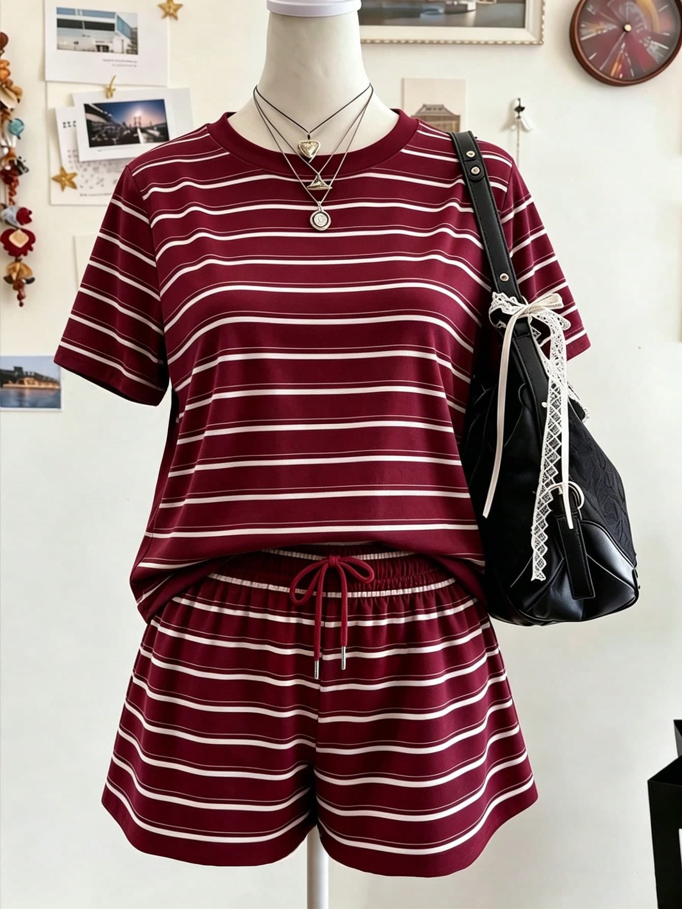 Lalippa Women's Round Neck Red & White Digital Stripe Short Sleeve Top And Shorts Set