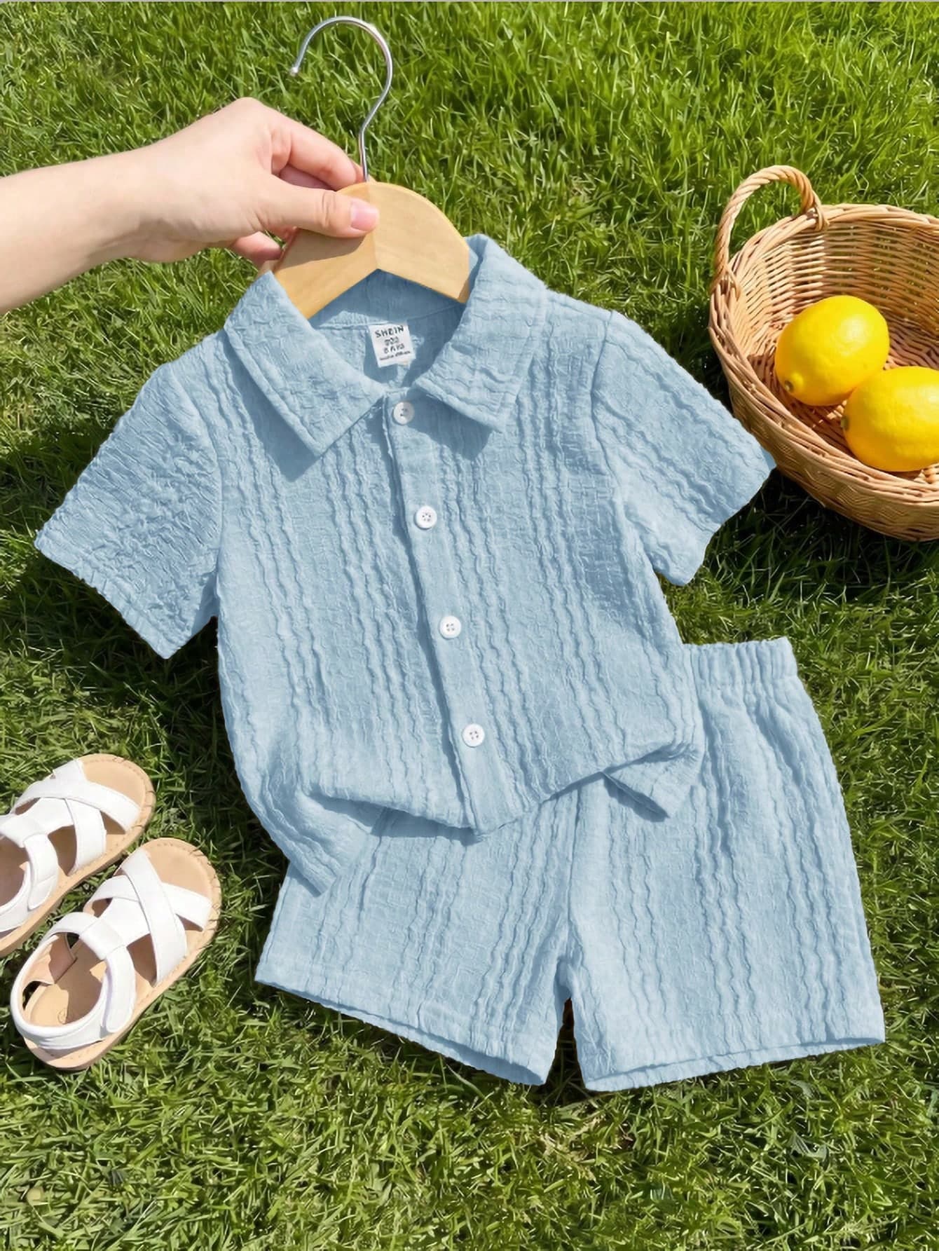 SHEIN Vintaside Kids Babyboy Baby Boy Summer Collar Short Sleeved Simple And Fashionable Casual Shirt Paired With Versatile Casual Shorts Set Suitable For Travel, Vacation Or Daily Leisure Walks