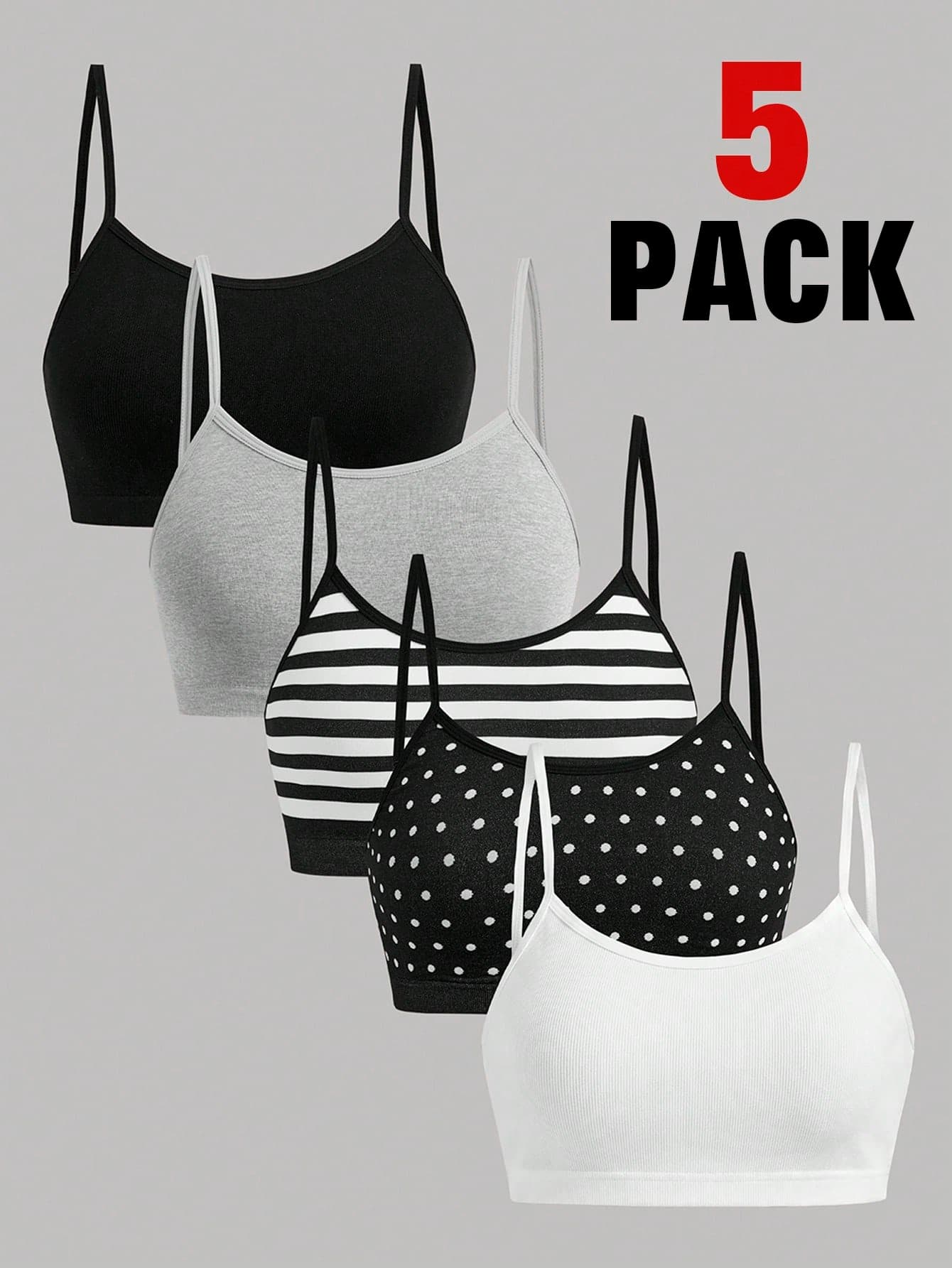Girlism Kids Teen Girls 5pcs All-Season Striped And Polka Dot Knitwear Set, Simple And Comfortable Camisole And Bra Set, Perfect For Back To School