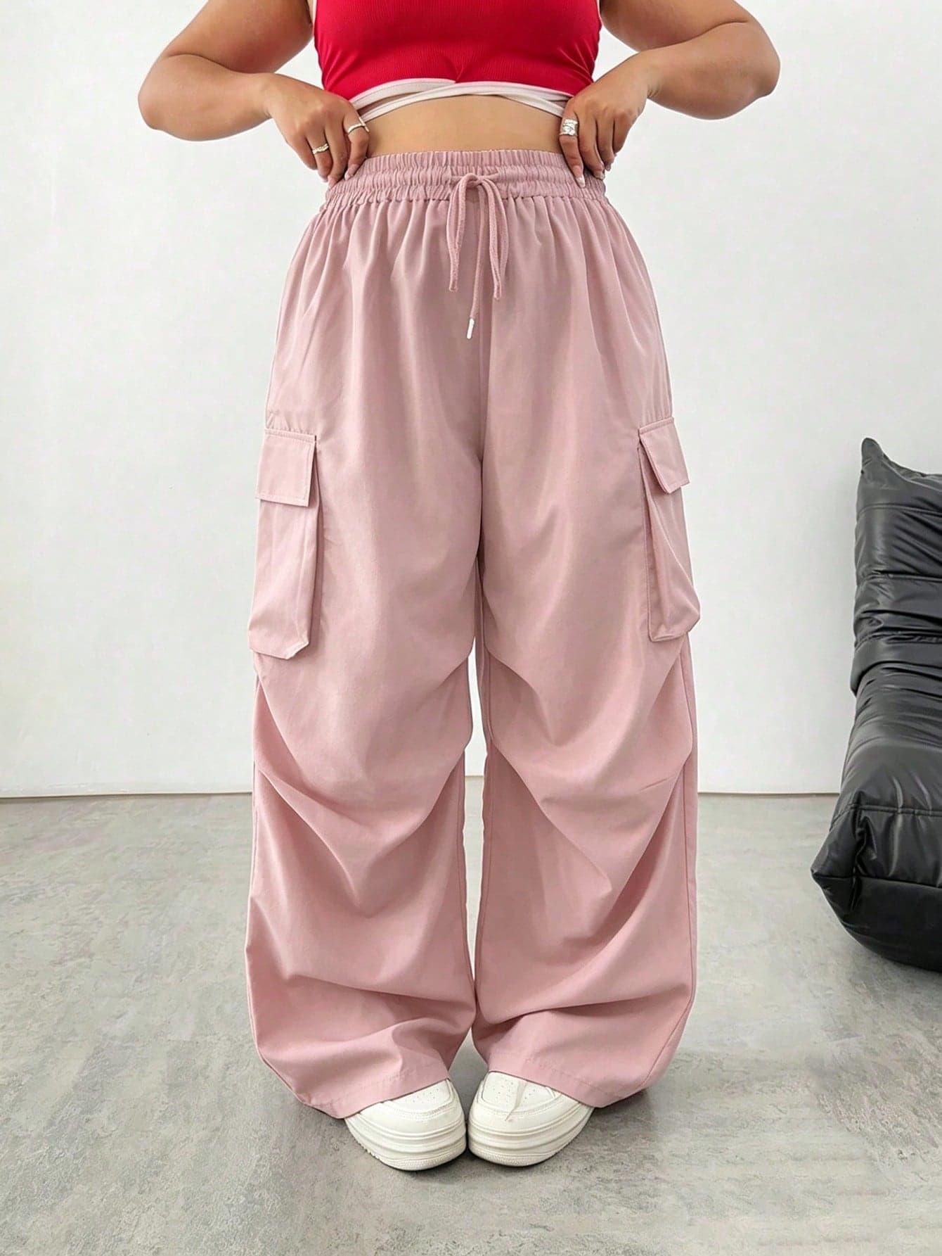 SHEIN Tall CURVE Plus Size Women's Solid Color Drawstring Waist Versatile Casual Cargo Pants Fall