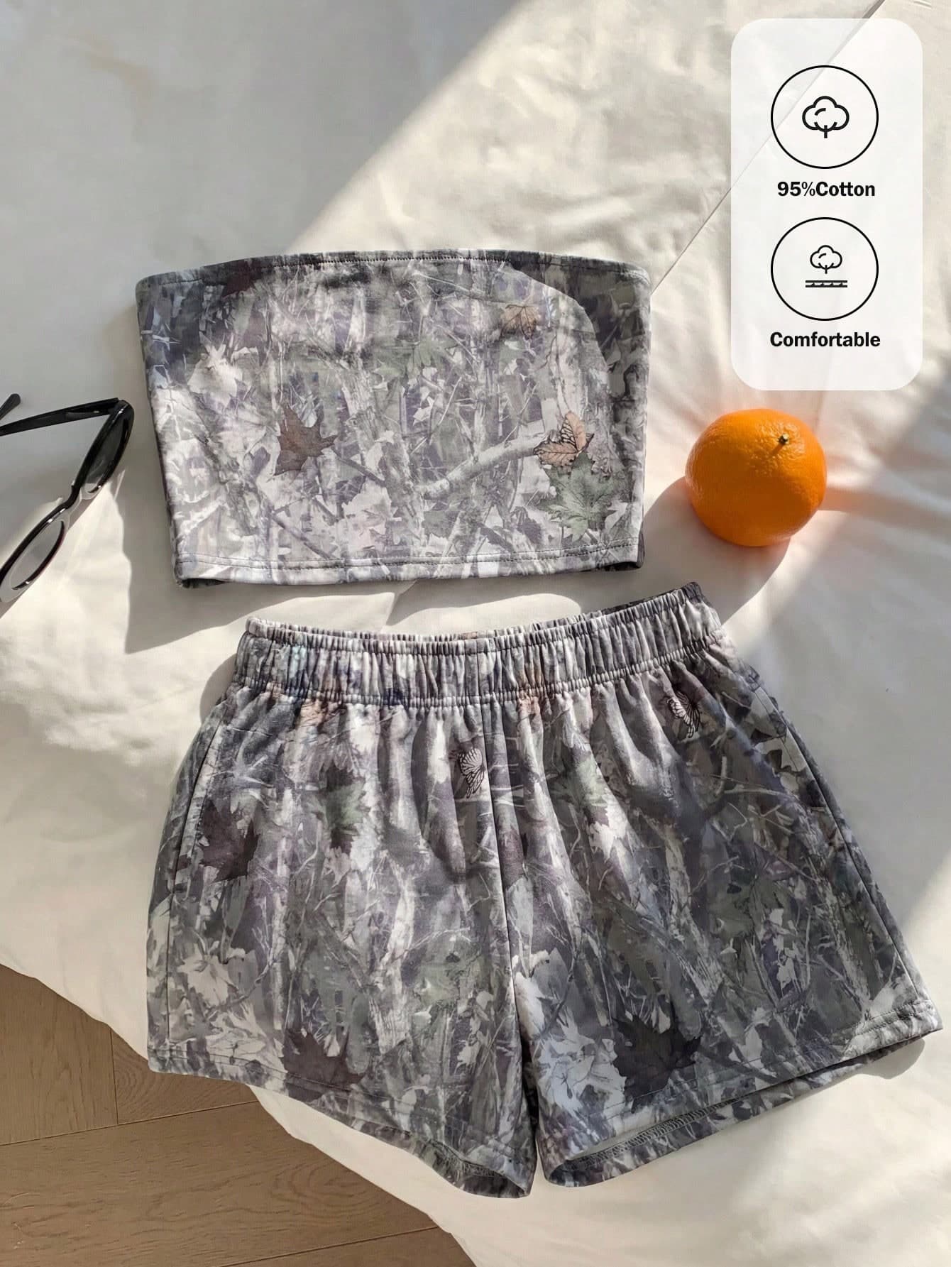 Comfortcana Women's Branch Pattern Tube Top And Shorts Casual Daily Set Lounge Grey Camo Summer