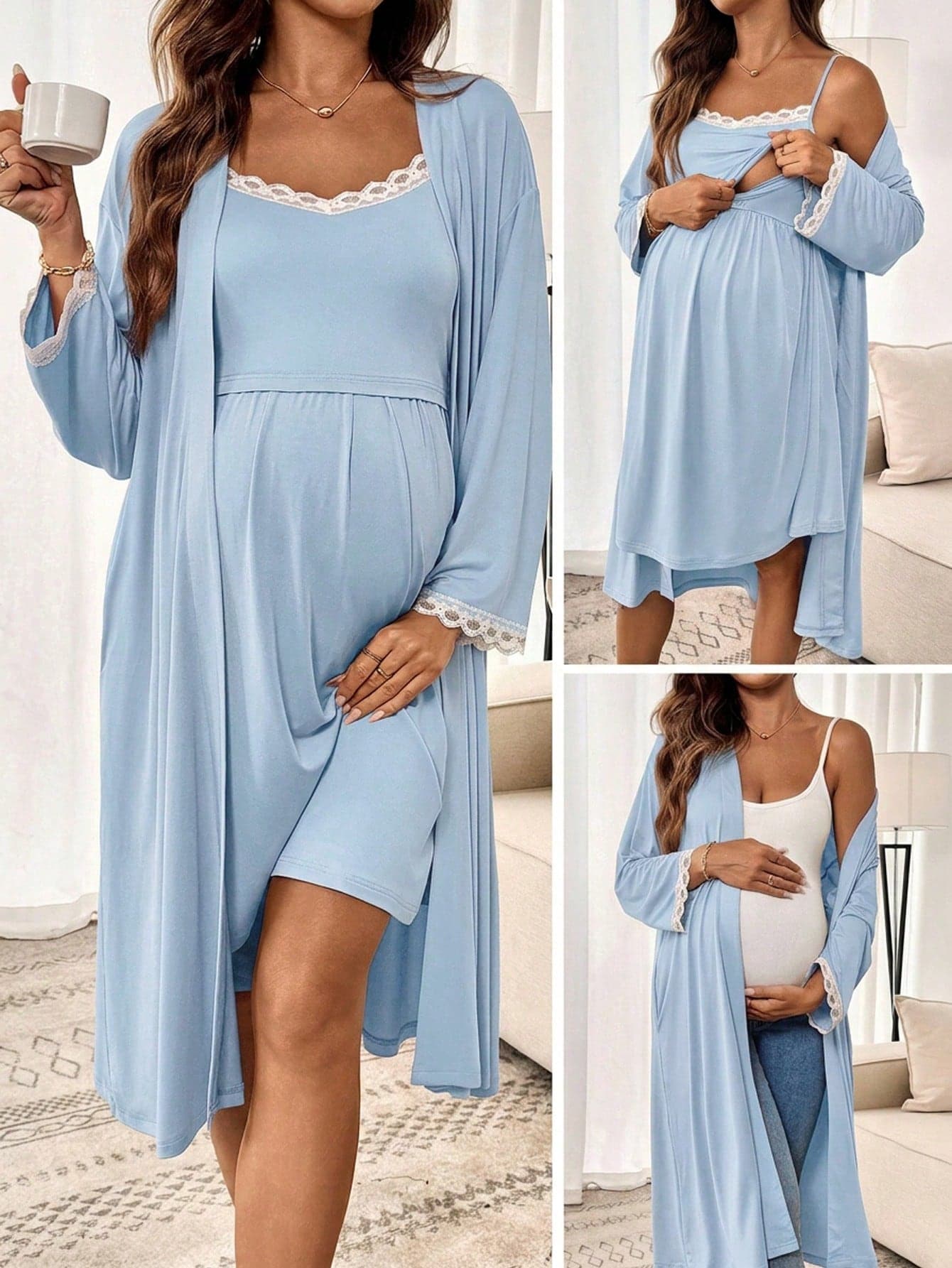 Slowluna Maternity Lace Trim Camisole Nightgown & Robe 2 Pieces Nursing Set