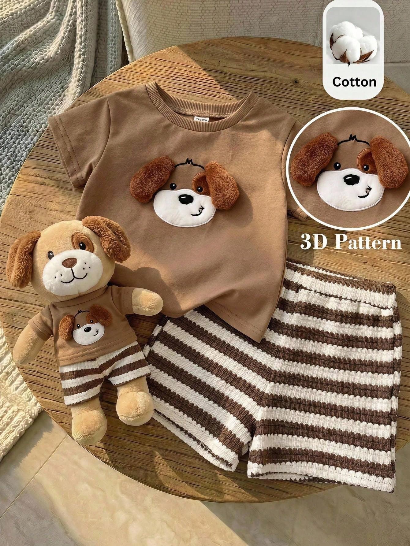 LMoss Kids Baby Boy Knit Solid Color Cute Puppy Pattern T-Shirt And Striped Shorts 2-Piece Set