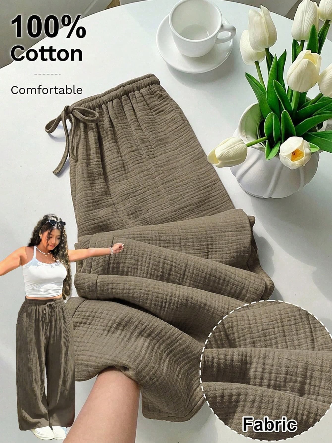 GalTyme Plus Size Olive Green Casual Drawstring Waist Textured Pants, Autumn Curve Smart Casual Loungewear For Daily Commute, Party Vacation Gym, Y2k Fall