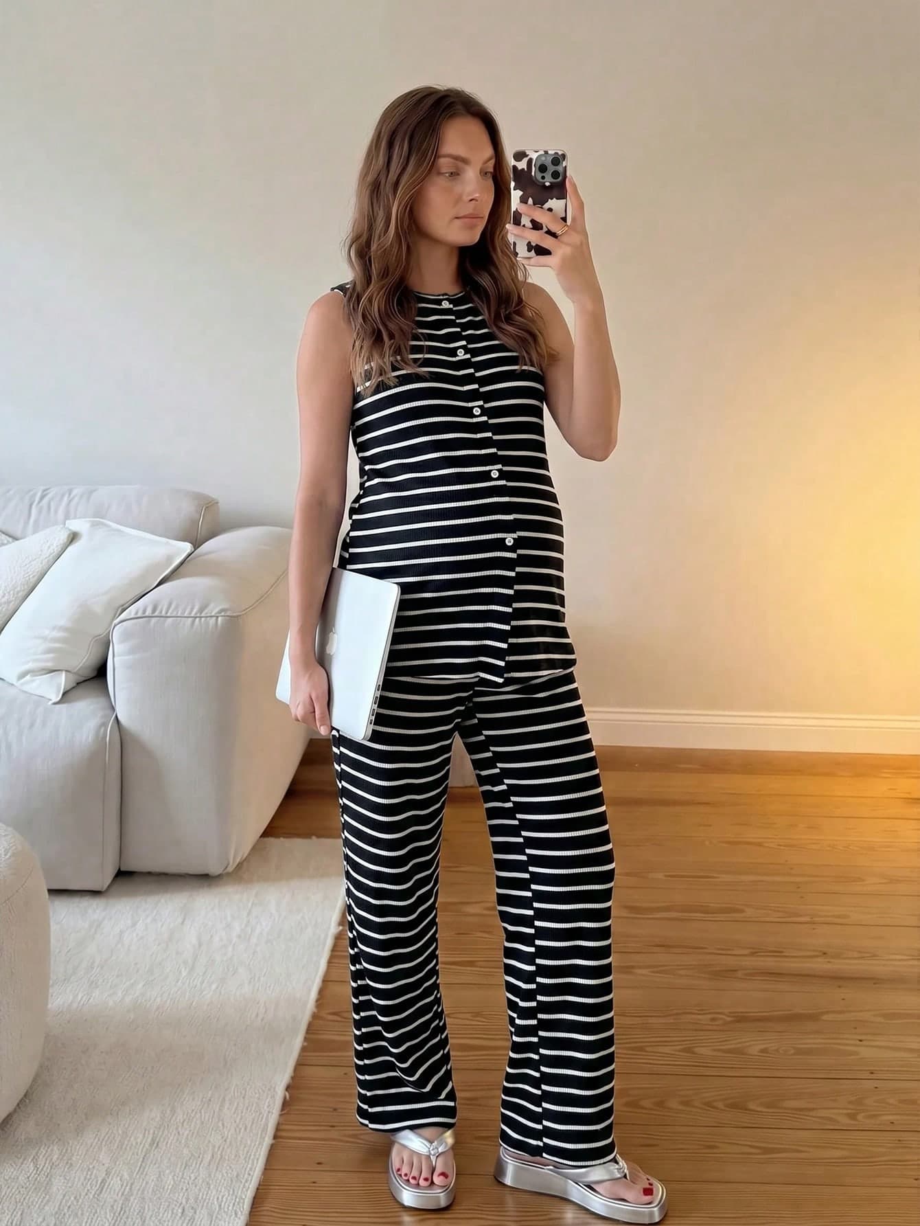 SHEIN Maternity Striped Single-Breasted Top And Long Pants Casual Daily 2 Pieces Set