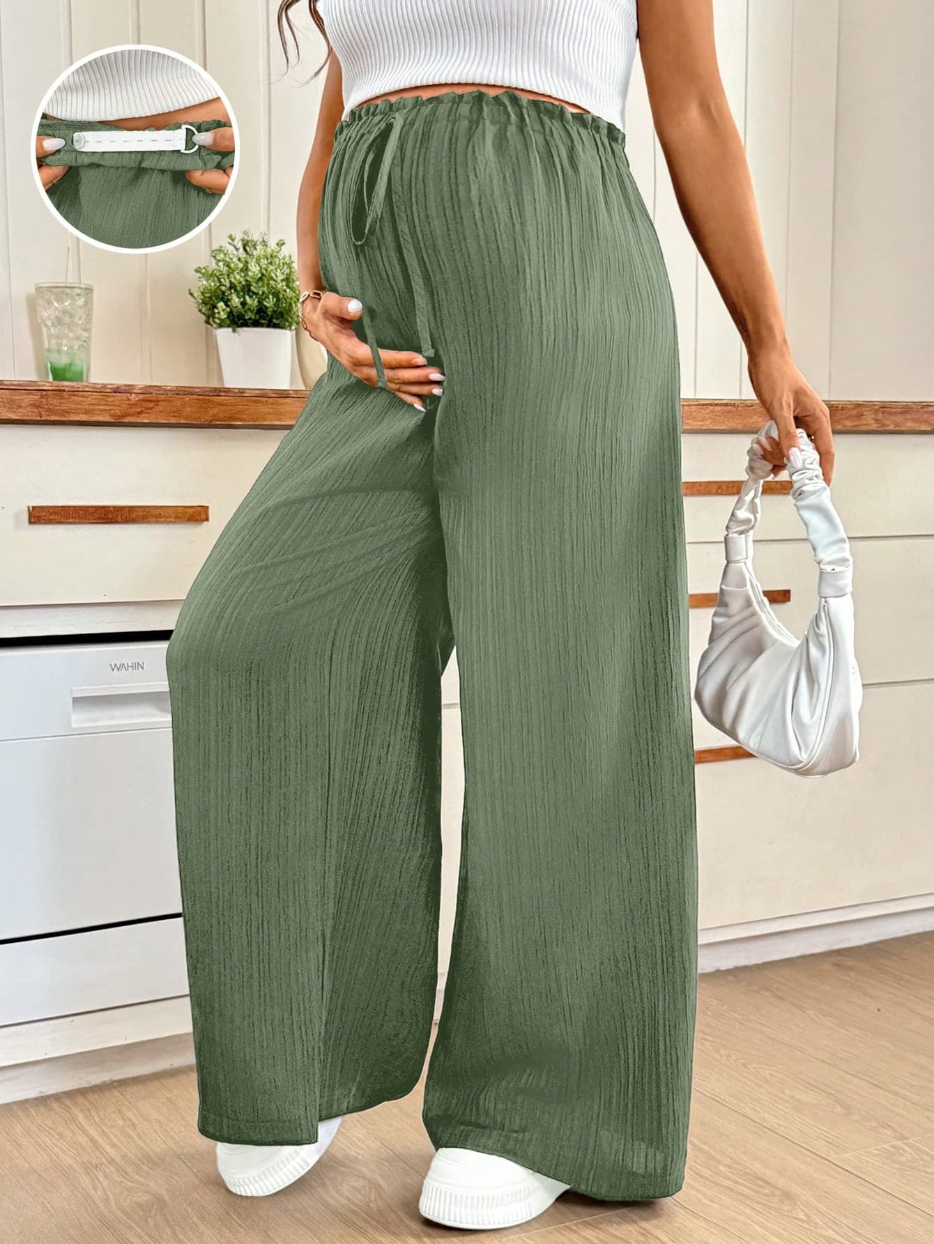 SHEIN Maternity Solid Color Adjustable Waist Casual Versatile Daily Wear Wide Leg Pants Fall