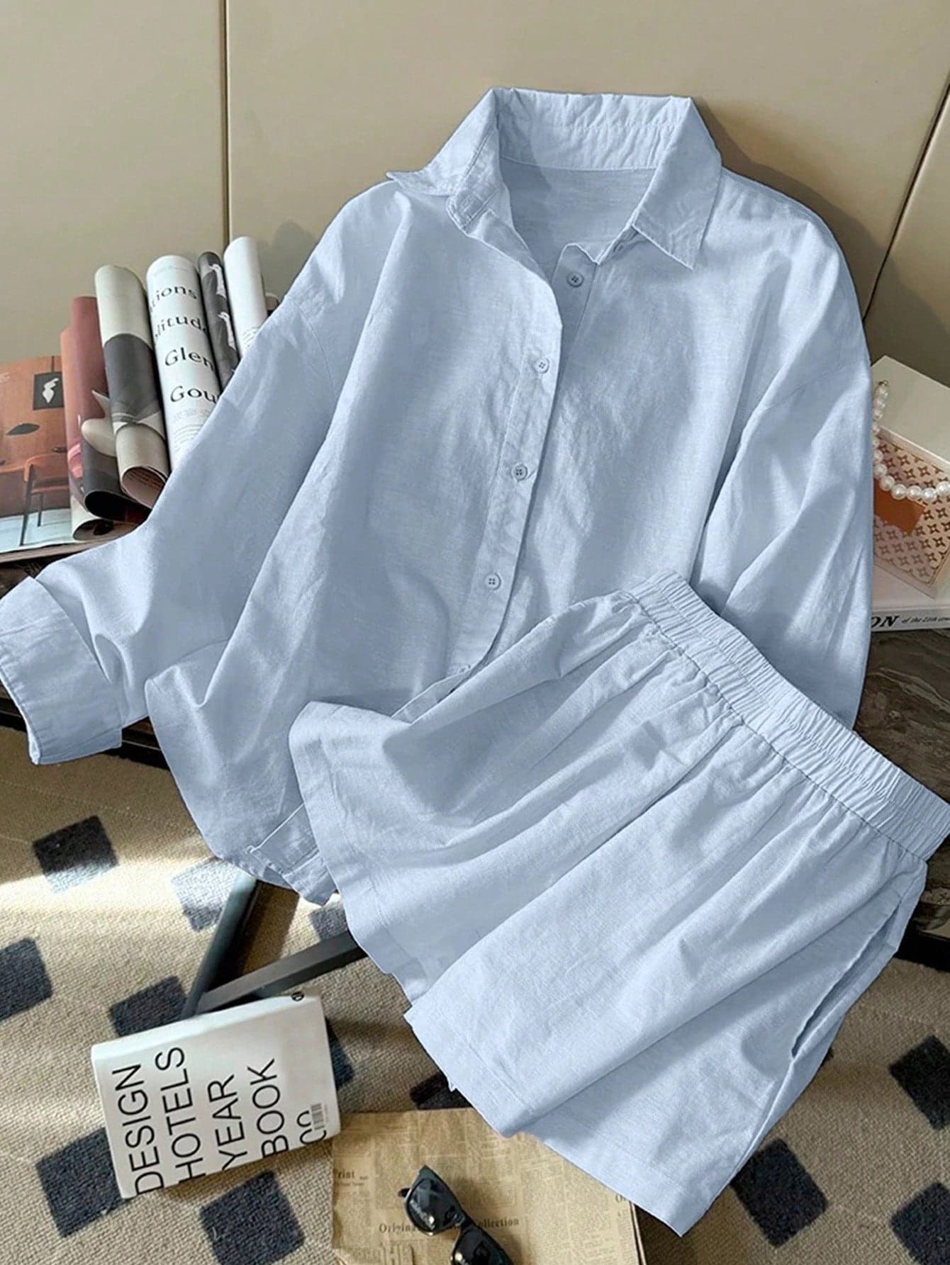 Resyla New Minimalist Fashion Linen Versatile Loose Casual Long Sleeve & Shorts 2 Pieces Set For Women