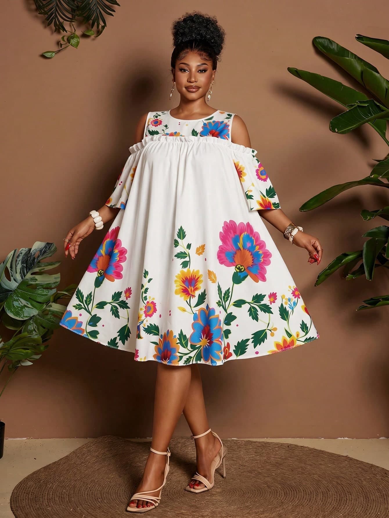 Maweii Summer Off-Shoulder Round Neck Cartoon Floral Casual Vacation Dress