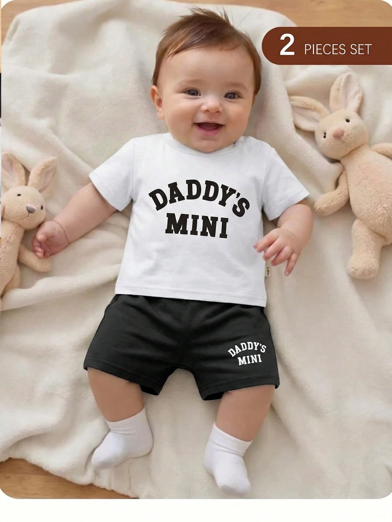 2pcs/Set Baby Comfortable, Casual, Minimalist, Preppy Letter Print Knit Top And Shorts Set. Suitable For Spring/Summer, Indoor Activities, Outdoor Activities, Daily Wear, Photography, Vacation, Full Moon Celebration, Baptism And Baby Party.