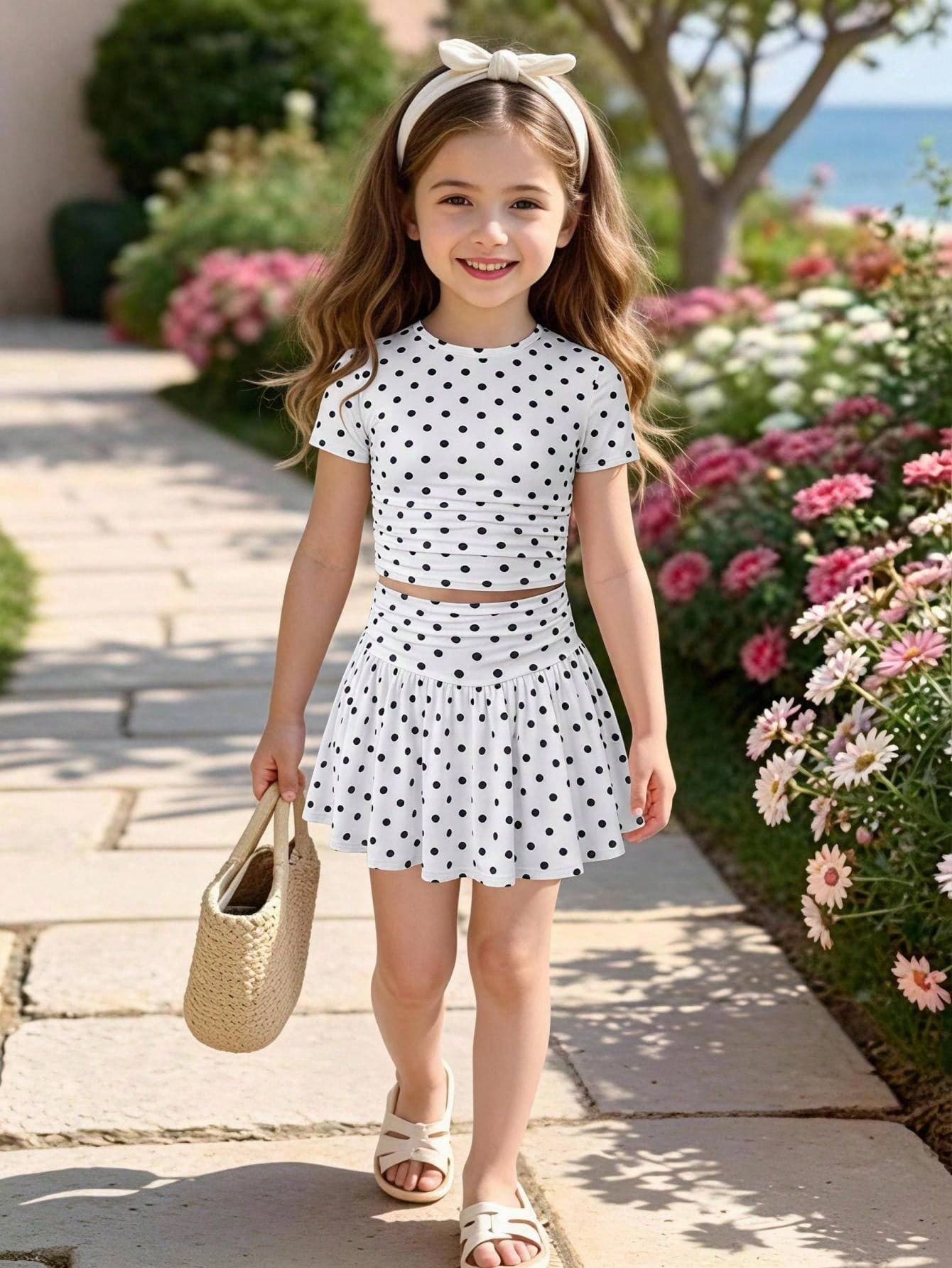 SHEIN Elladie kids 2pcs/Set Todder Girl Polk Dot Short Sleeve Top And Pleated Skort, Back To Shool Outfit