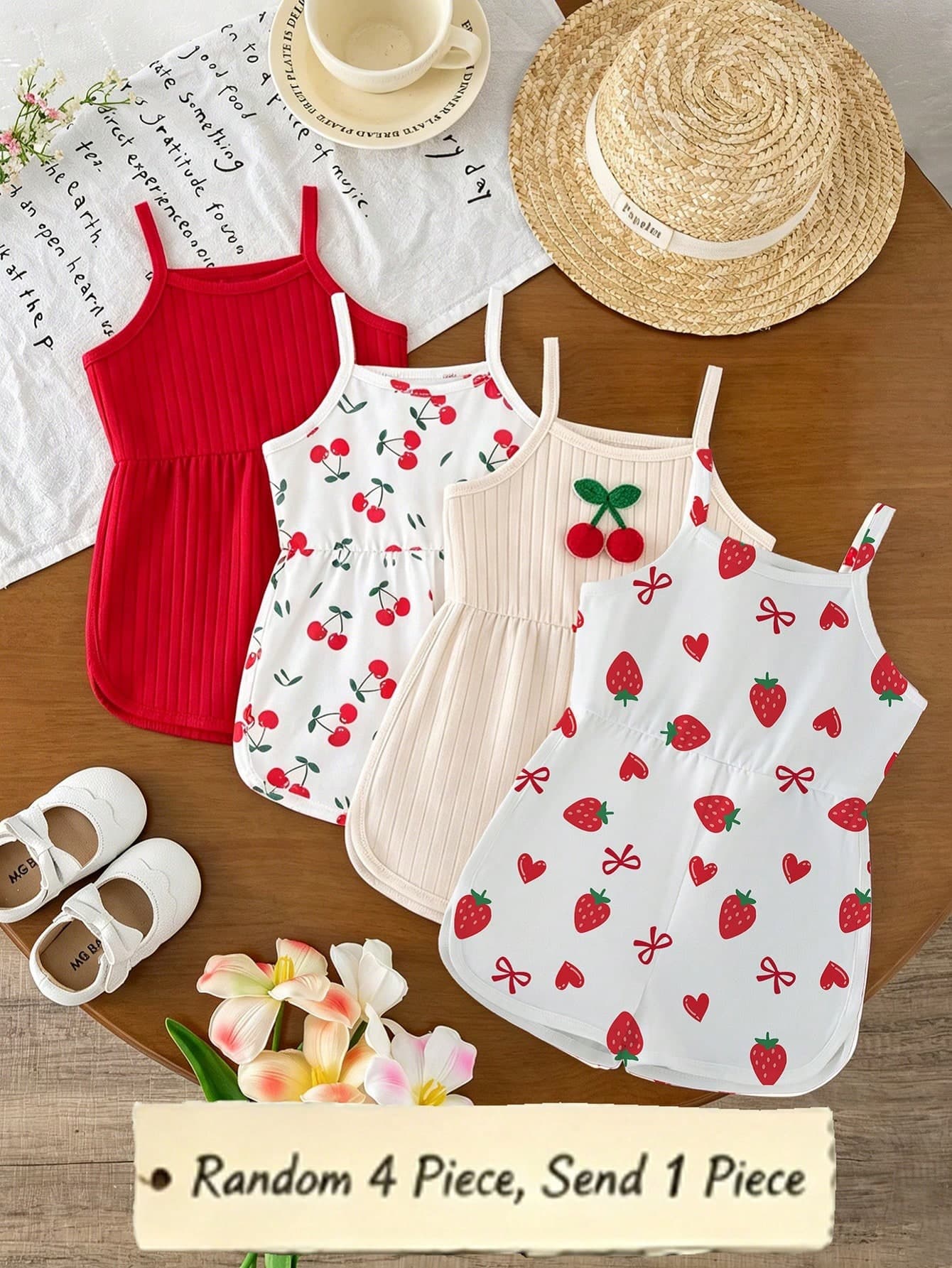Souflis Souflis 1pc [Random 4 Styles, 1pc Sent] Baby Girl Pastel Fruit Print Cami Romper, Cute Summer Vacation Outfit, Korean Pastoral Style Comfortable Daily Wear