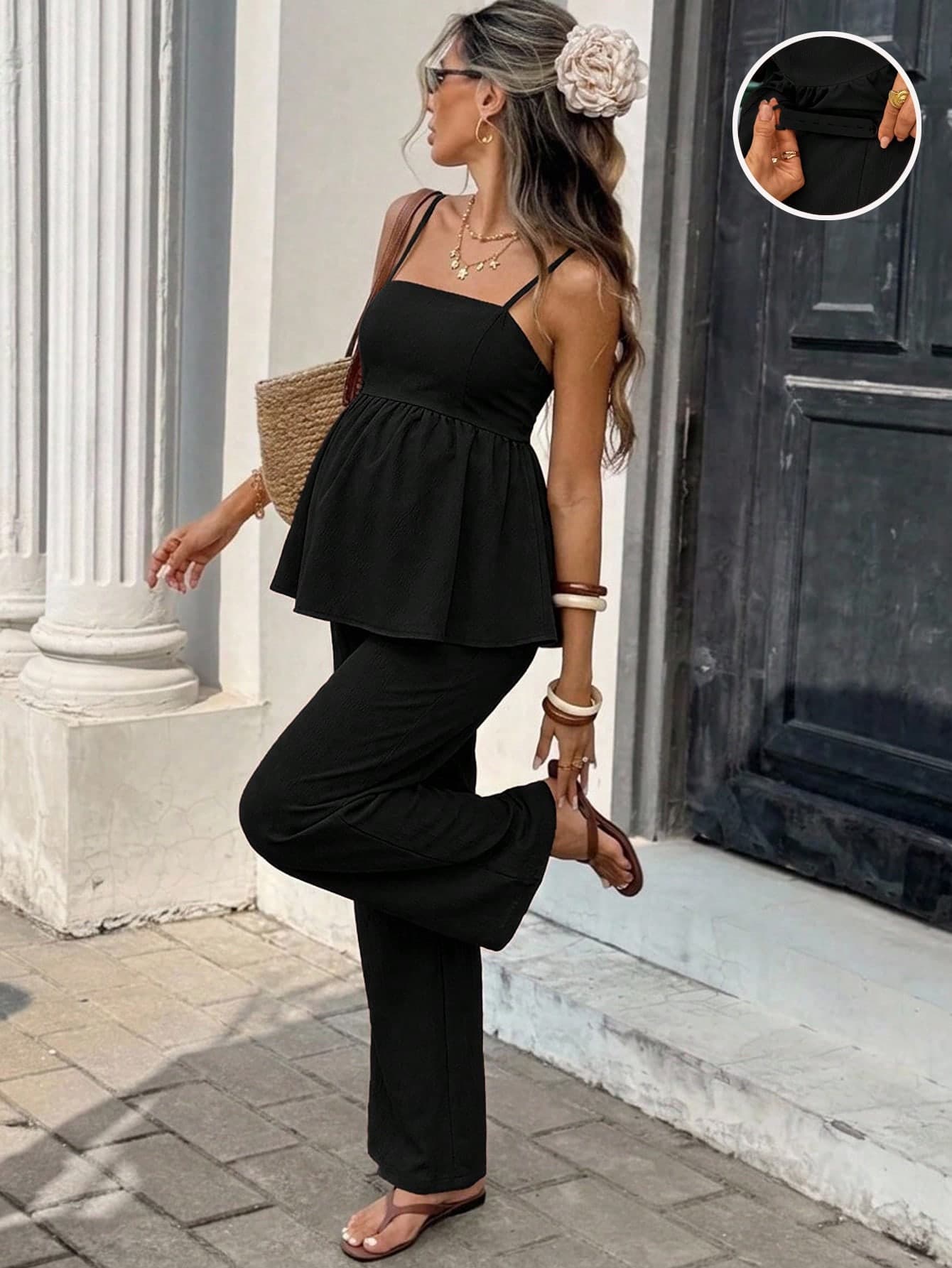 SHEIN Maternity Vacation Casual Solid Color Camisole & Long Pants 2 Pieces Set