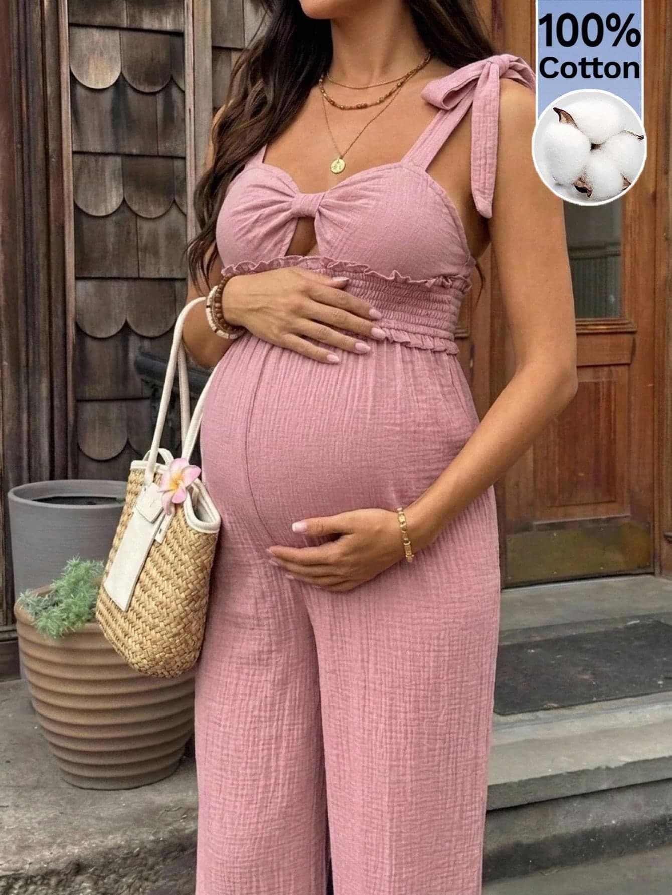 SHEIN Maternity Solid Color Waist Tie Strap Wide Leg Jumpsuit Baby Shower Summer