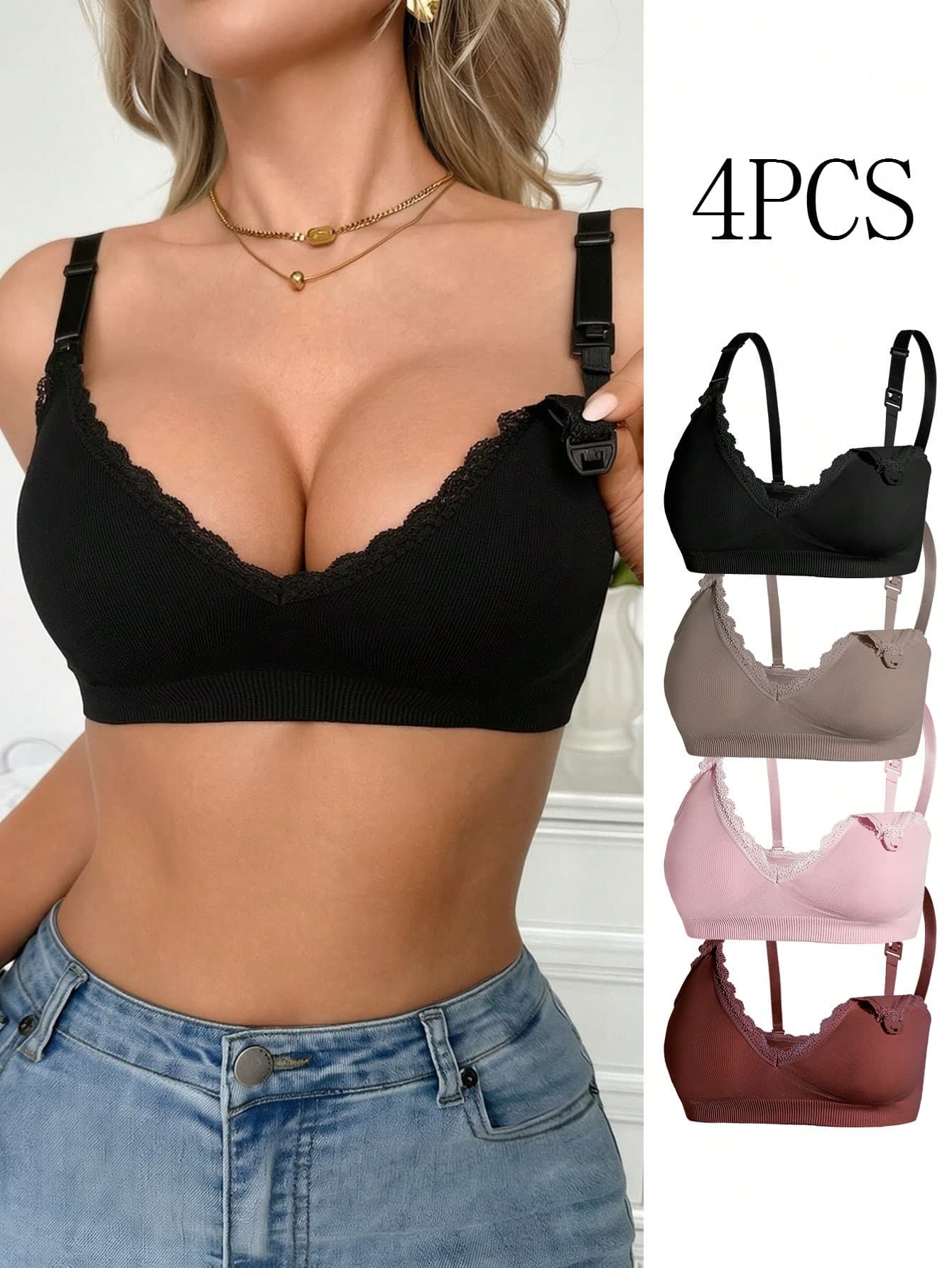 Moonlight&Mama Women's 2026 Hot-Selling Fashionable Comfortable Minimalist Solid Color High Quality Maternity Nursing Bras 4pcs/Set