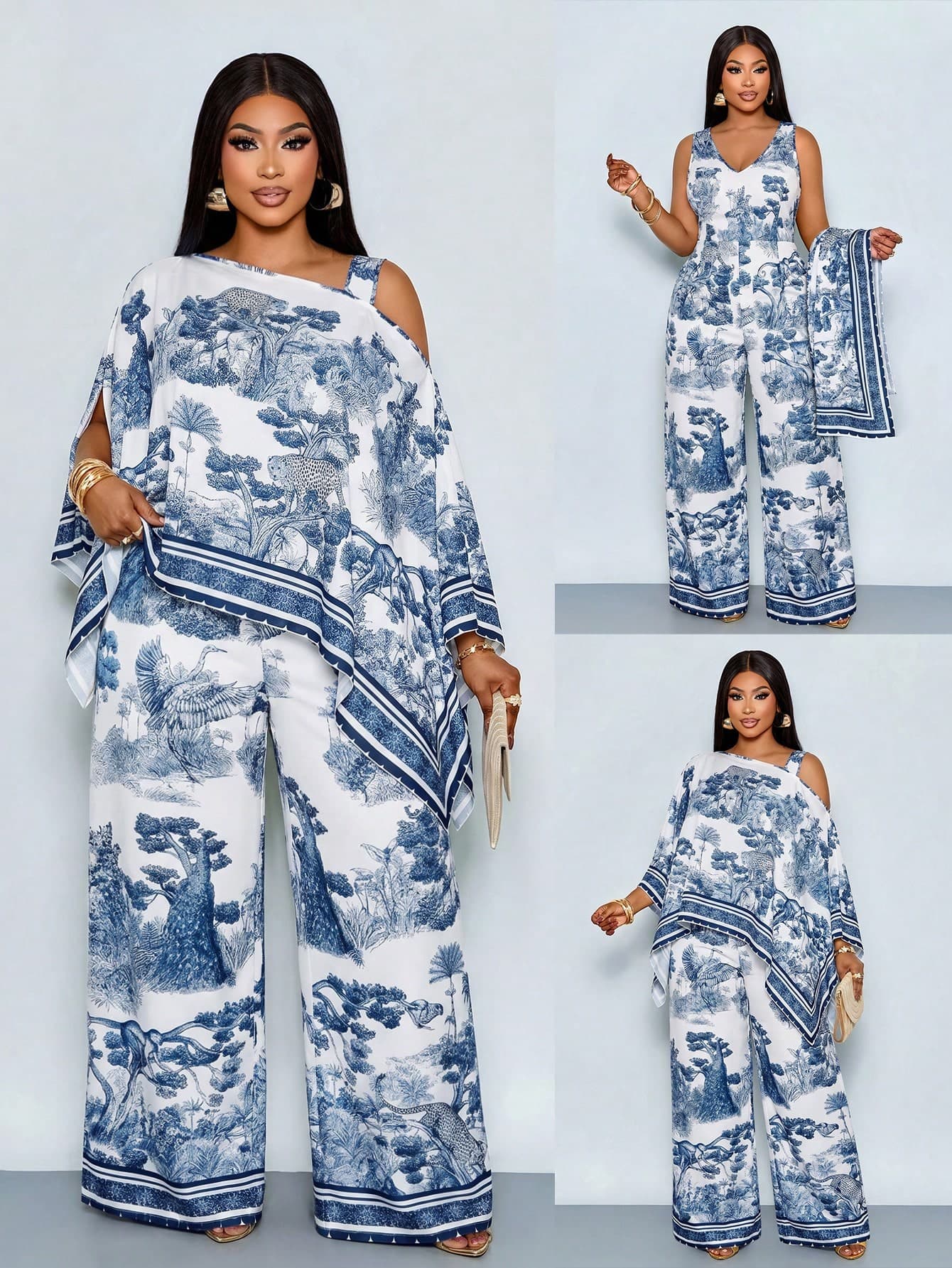 SOLERSUN Plus-Size Women's Autumn/Winter Casual-Elegant Shirt & Trouser Set Featuring An Asymmetrical Neckline, Long Sleeves, And An Asymmetrical Hemline, Paired With A Deep V-Neck, Elastic-Waist, Wide-Leg Jumpsuit. Adorned With A Stylish, Retro "Sunset Holiday" Print, The Top Features A Chic Batwing Sleeve Design. A Brand-New Arrival And A Versatile Wardrobe Staple, Perfect For The Autumn And Winter Seasons, Daily Commutes, And Casual Outings.