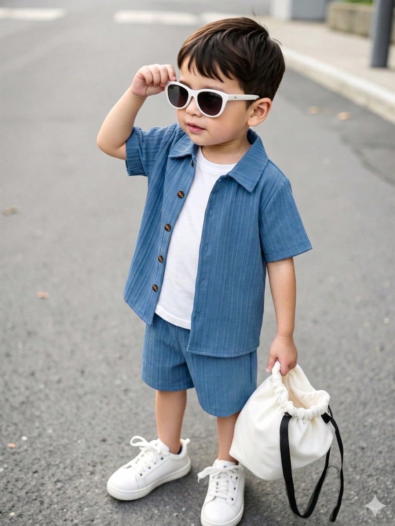 SHEIN Young Boy Textured Short Sleeve Shirt And Shorts Summer Outfit Set, School, Campus, College Summer Holiday
