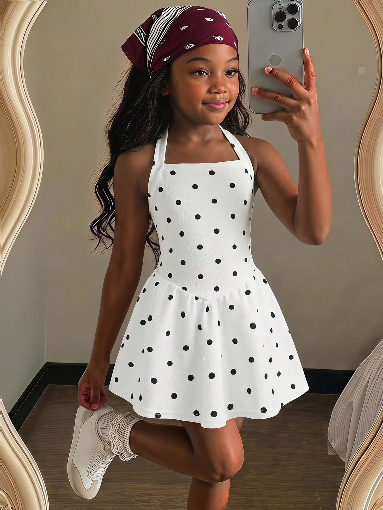 Young Girl Kids Casual Fashion Polka Dot Halter Neck A-Line Dress