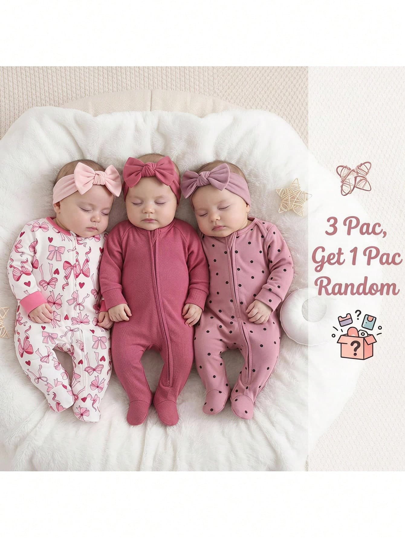 Loomiva Newborn Baby Girl Sweet Bow & Heart Pink Pattern Knitted Soft Round Neck Long Sleeve Home Bodysuit & Pants 3 Pack, Get 1 Pack Random