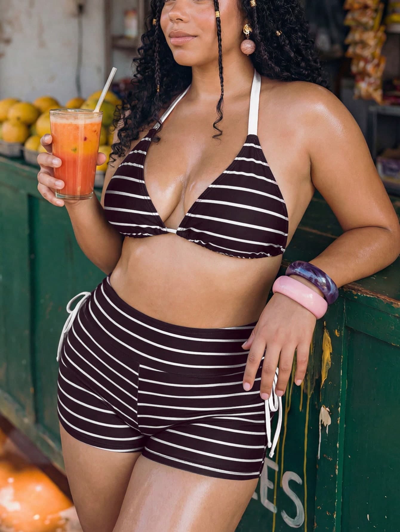 2026 New Summer Beach Vacation Swim Mod 2-Piece Set Women's Striped Random Print Backless Halter Top With Side Tie Shorts, Elegant Sexy Fashionable Beach Vacation Bikini Swimsuit Set, Spring/Summer Plus Size Swimwear Set