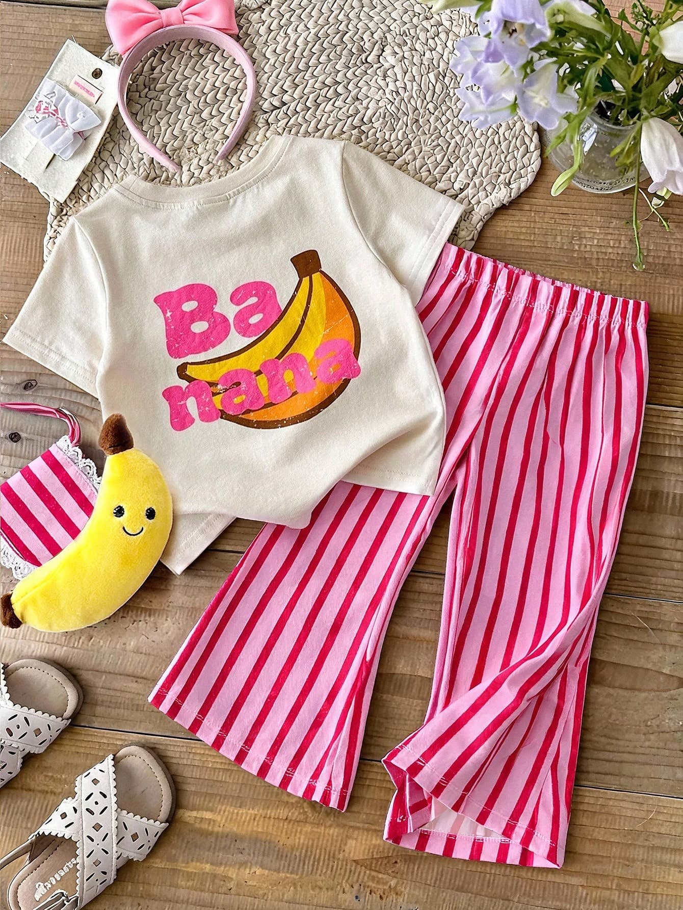 SHEIN LMoss Kids Vintage Cute Fun Dopamine Fruit Vacation, Pink Colorblock Striped, Baby Girl Casual Minimalist Short Sleeve Round Neck T-Shirt & Flared Long Pants Set, Suitable For Spring & Summer, Outfits Easy Comfort