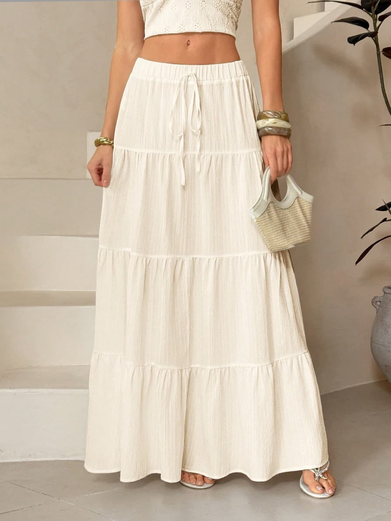 SHEIN Tall Women's Solid Color Waist Tie Pleated Fashion Versatile Skirt Beach Vacation White Summer Boho
