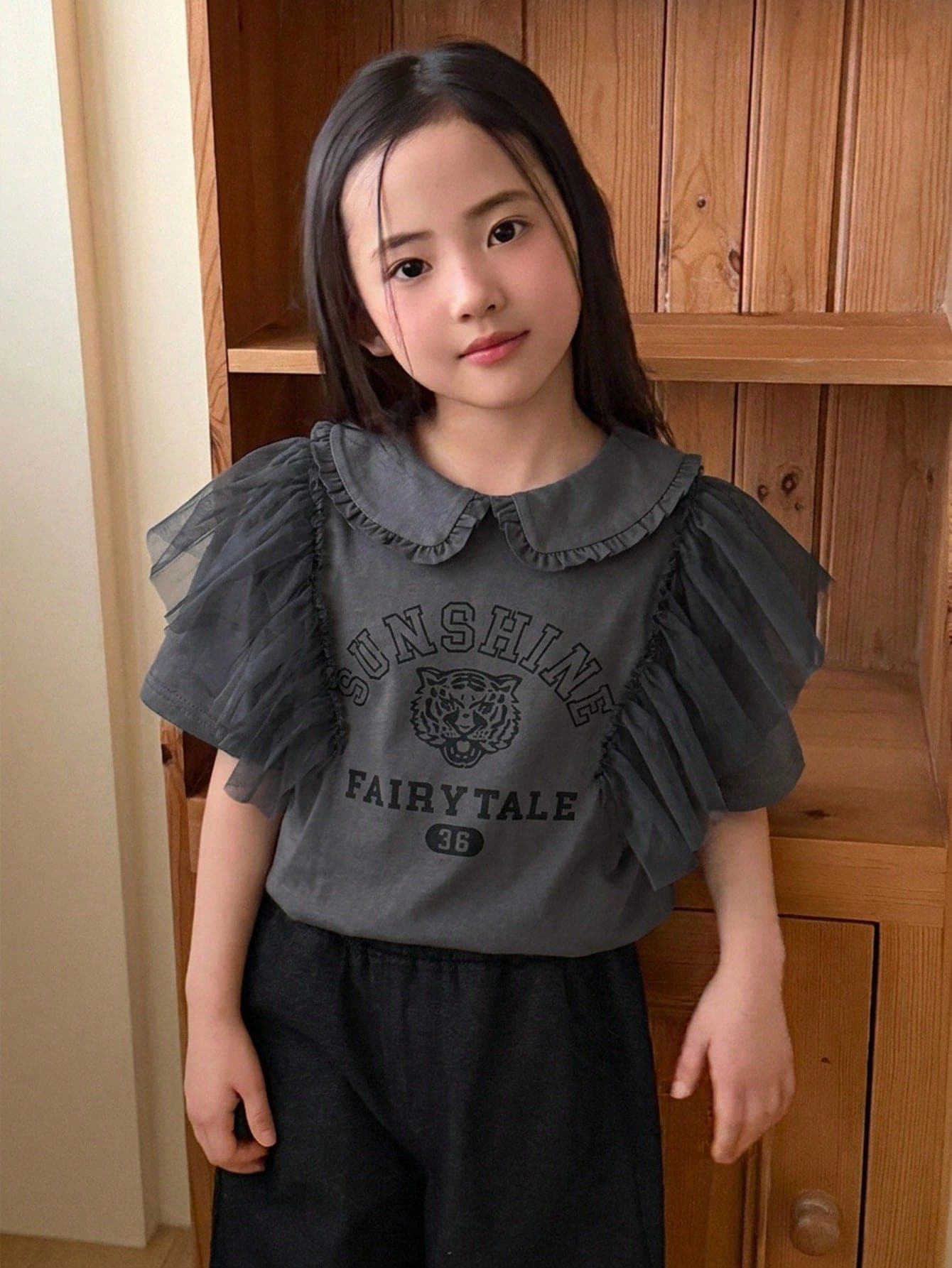 DAZY Young Girls Round Neck Ruffle Lace Mesh Casual Short Sleeve Letter Print T-Shirt Summer
