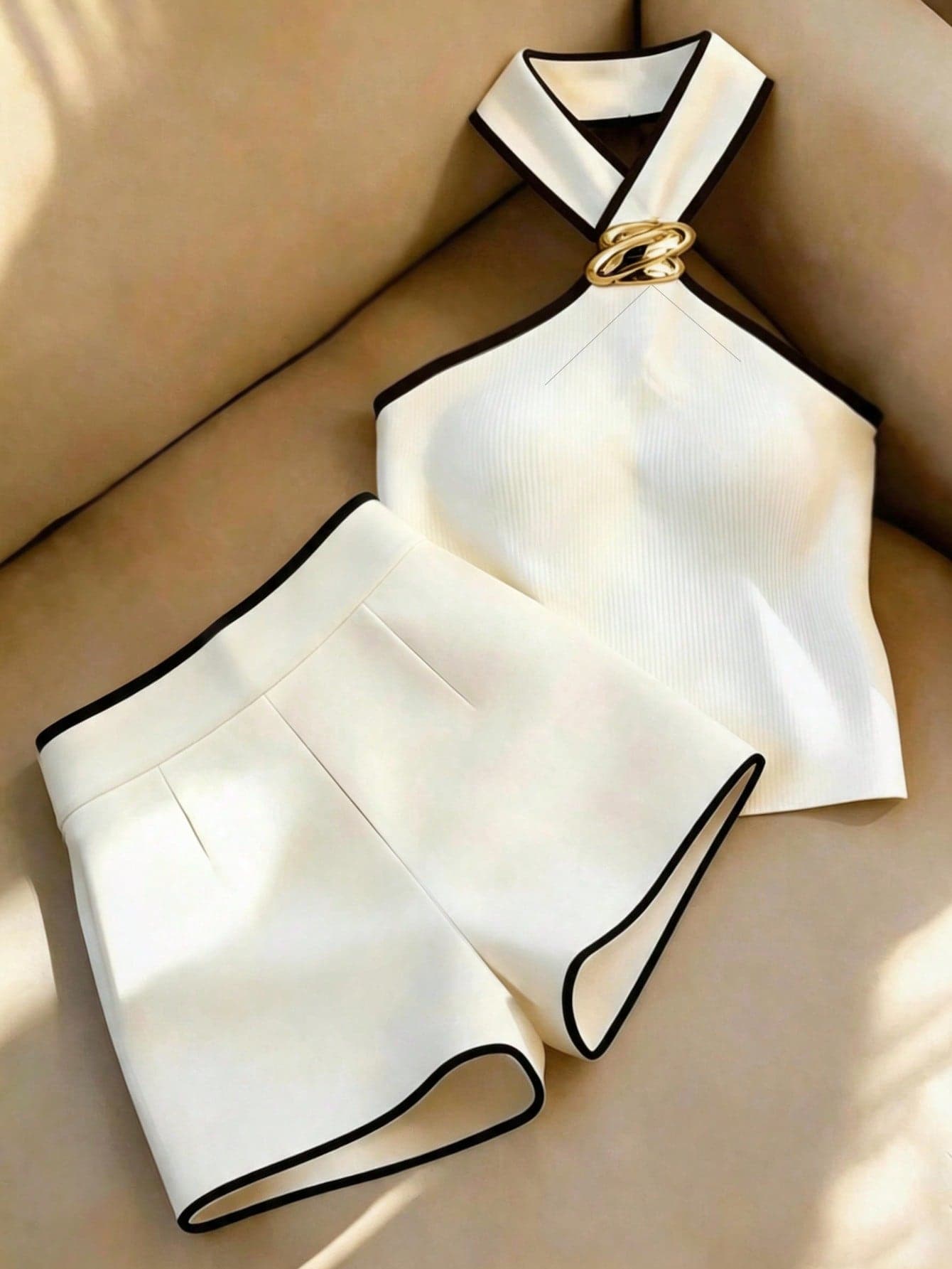 SHEIN Franclia 2026 New Spring Summer Halter Two Pieces Set For Women, Black White Color Block Halter Top And High Waist Shorts Set,Summer Vacation