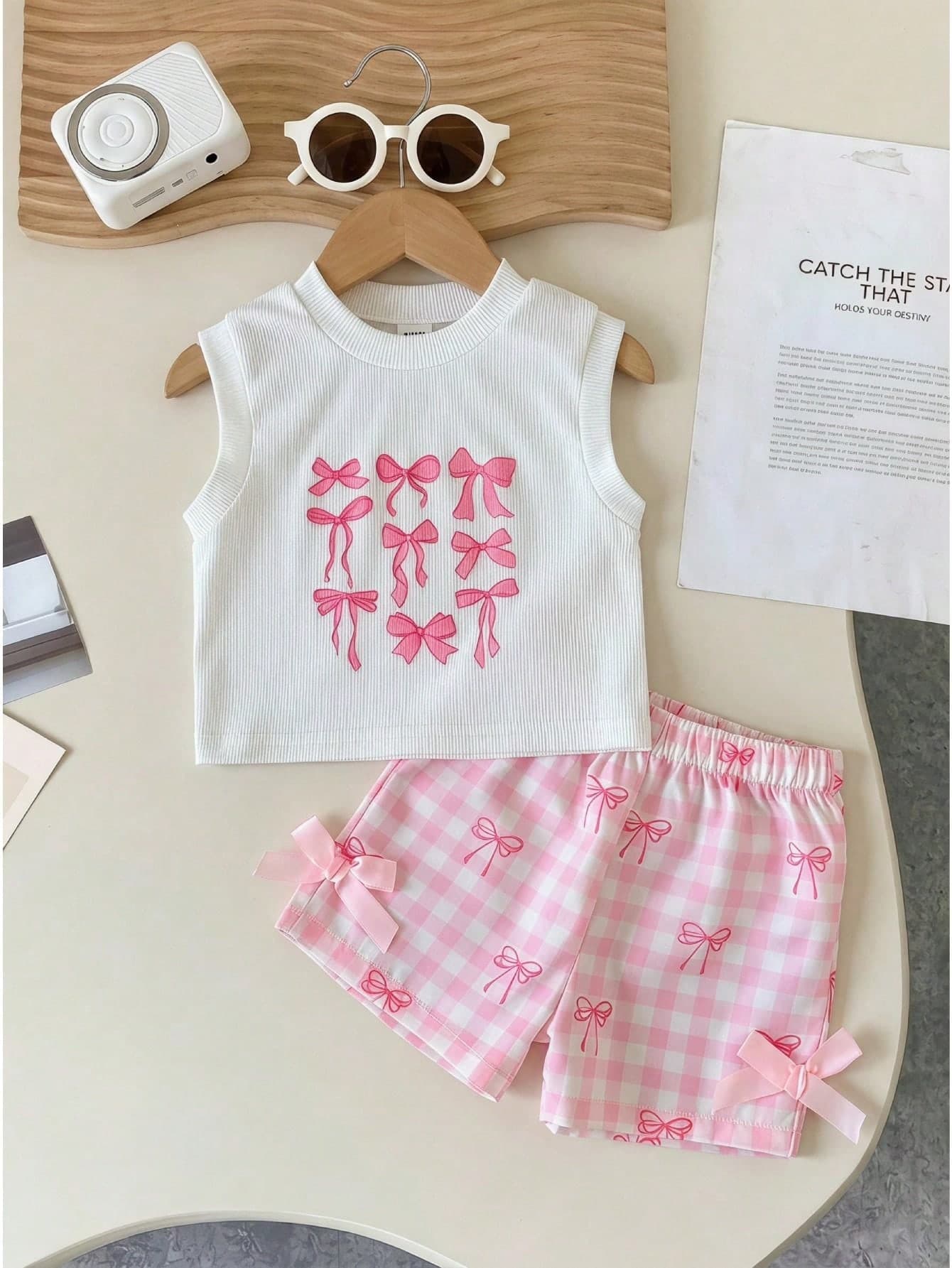 SHEIN BABY GIRL Summer Blue Set Textured Sleeveless Top Blue Plaid Shorts Decorated With Blue Bows Daily Outing Essential