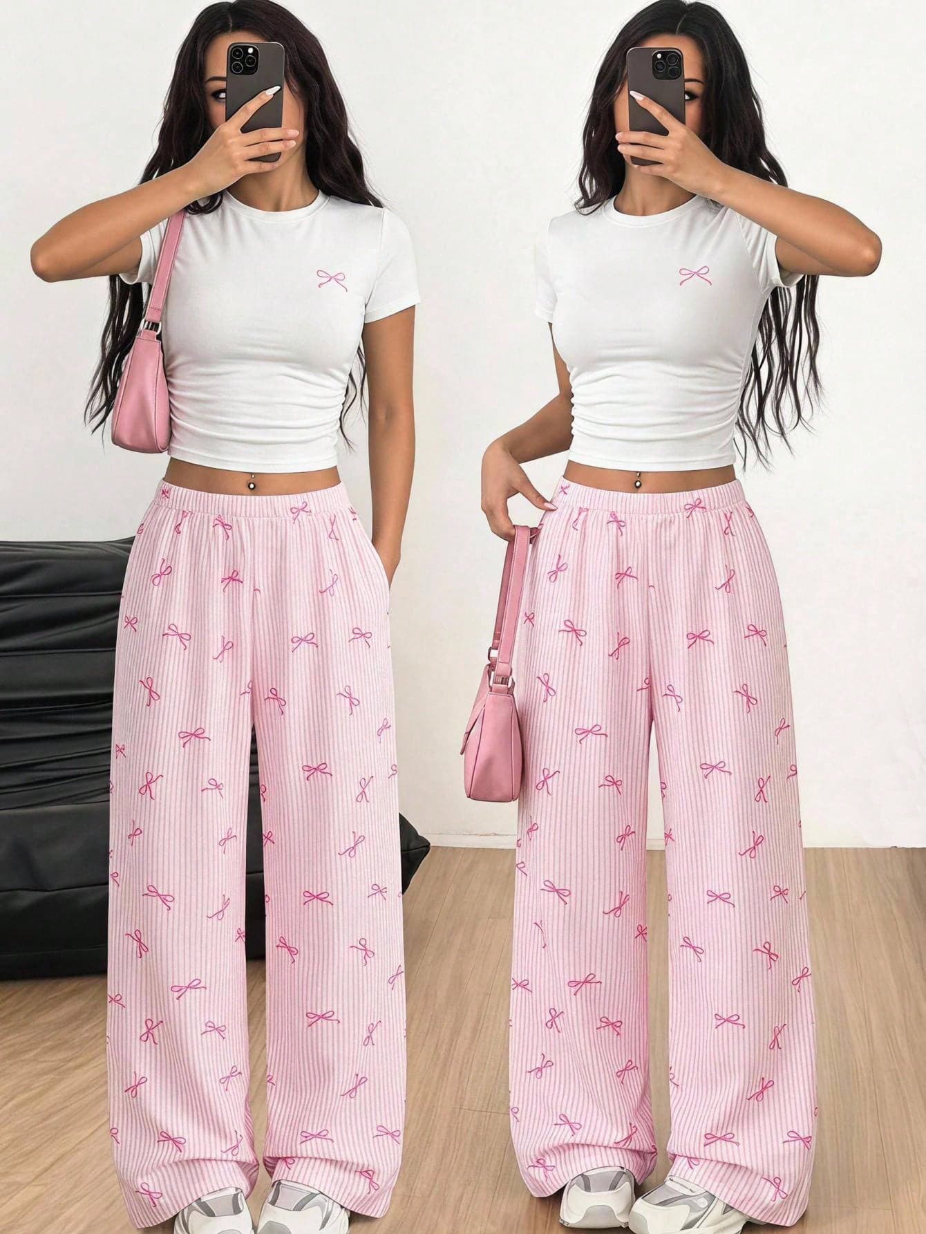 SHEIN Girlism Kids Teen Girl 2pcs Set, White Bow Pattern Short Sleeve T-Shirt And Long Pants, Casual Cute Fashion Versatile Outfit For Daily Wear, Back To School