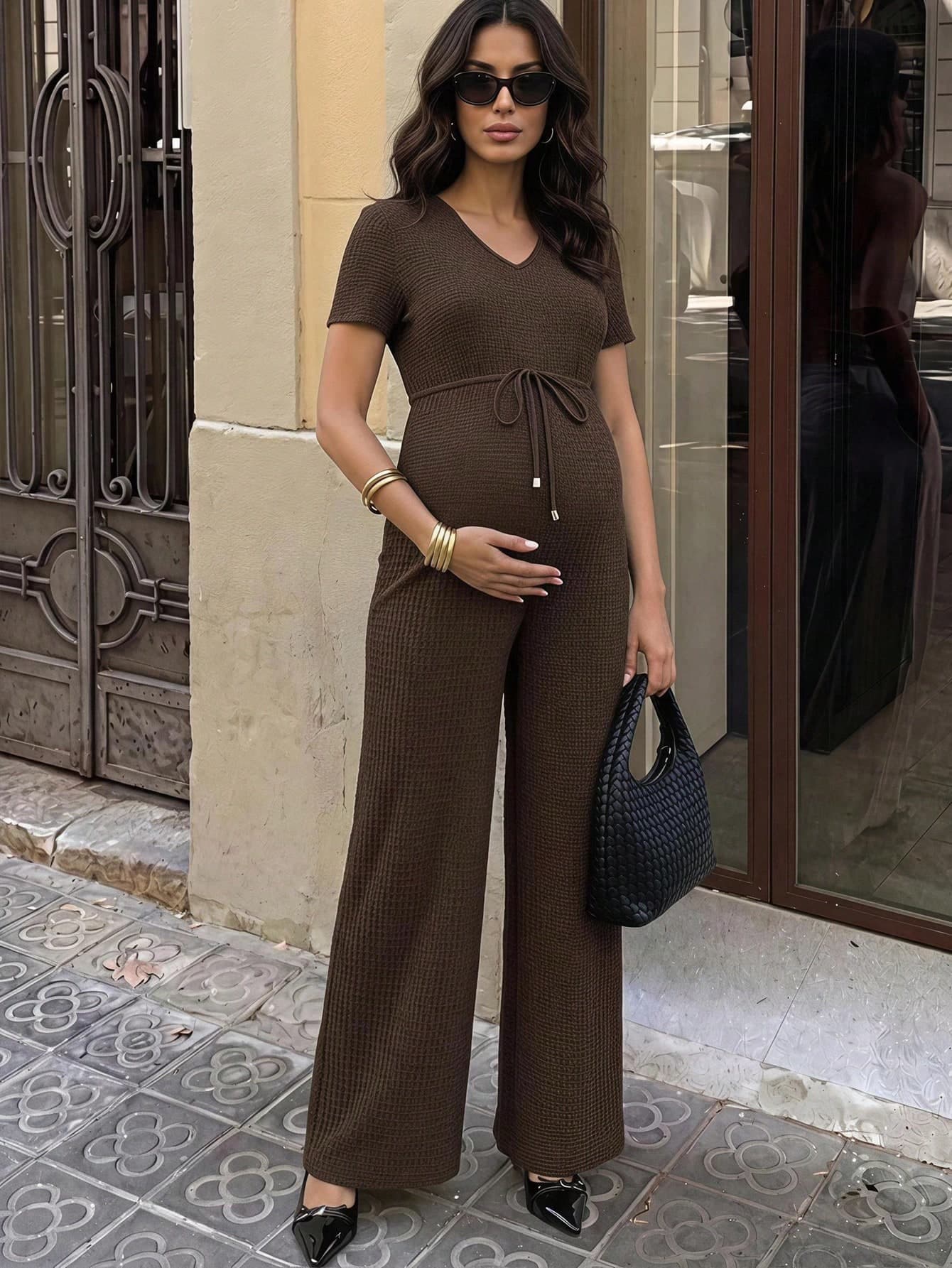 MaterniWear Brown Textured Jumpsuit With Waist Tie For Maternity - Elegant For Summer Commuting.