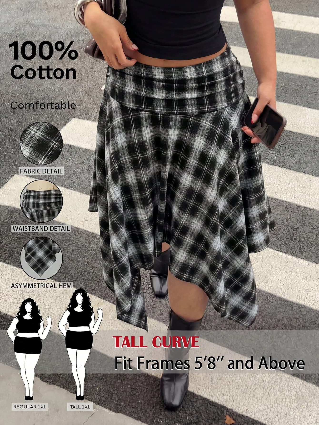 SHEIN Tall CURVE Plus Size Summer Casual Plaid Asymmetric Hem Skirt Fall