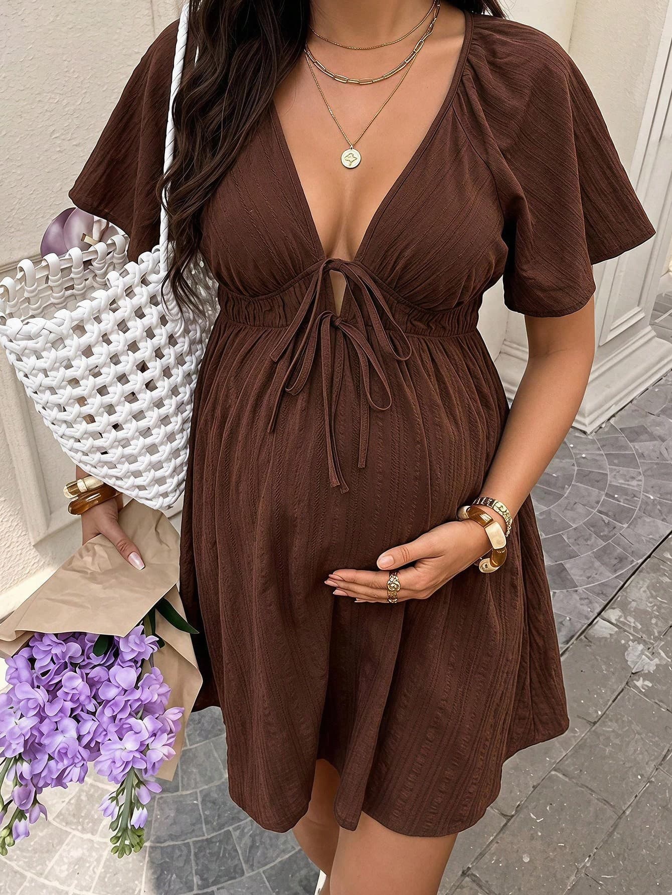 SHEIN Brown Textured Maternity Dress With Lace-Up Pleats And An A-Line Silhouette; Suitable For Summer Vacations And Maternity Wear.