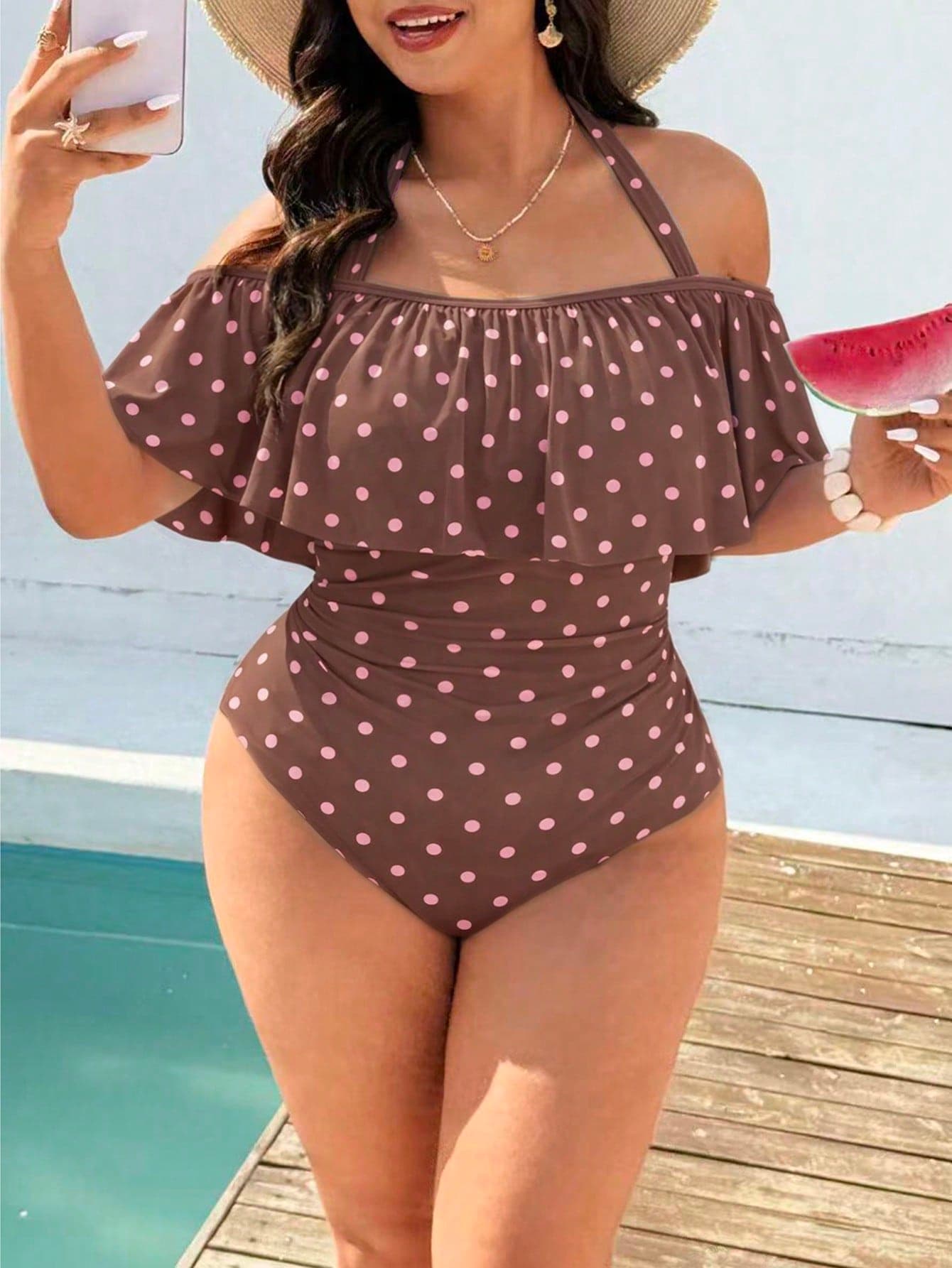Swim Vcay Plus Size Women's Swimsuit Minimalist Casual Beach Vacation Blue And White Plaid Random Print Halter Neck Tie Ruffle One-Piece Swimsuit