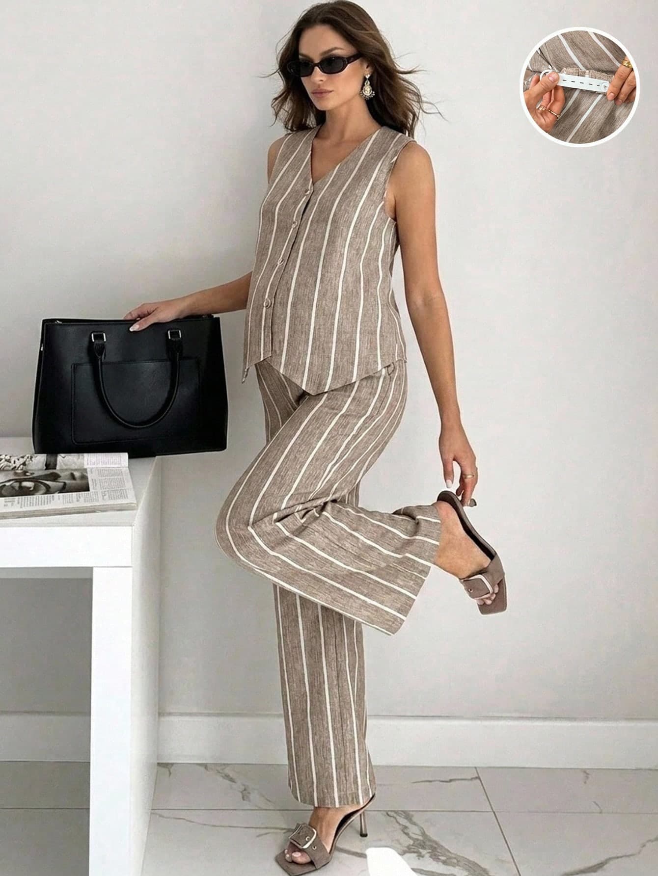 SHEIN 2pcs Maternity Casual Vacation Daily Commute Contrast Stripe Print Button Camisole And Adjustable Waist Wide Leg Pants Set