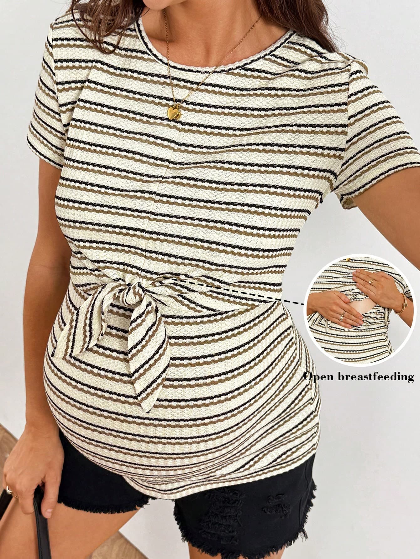 SHEIN Summer Casual Khaki Striped Drawstring Nursing Top, Suitable For Pregnancy And Postpartum Use, A Pregnant Woman-Friendly Type. Photoshoot