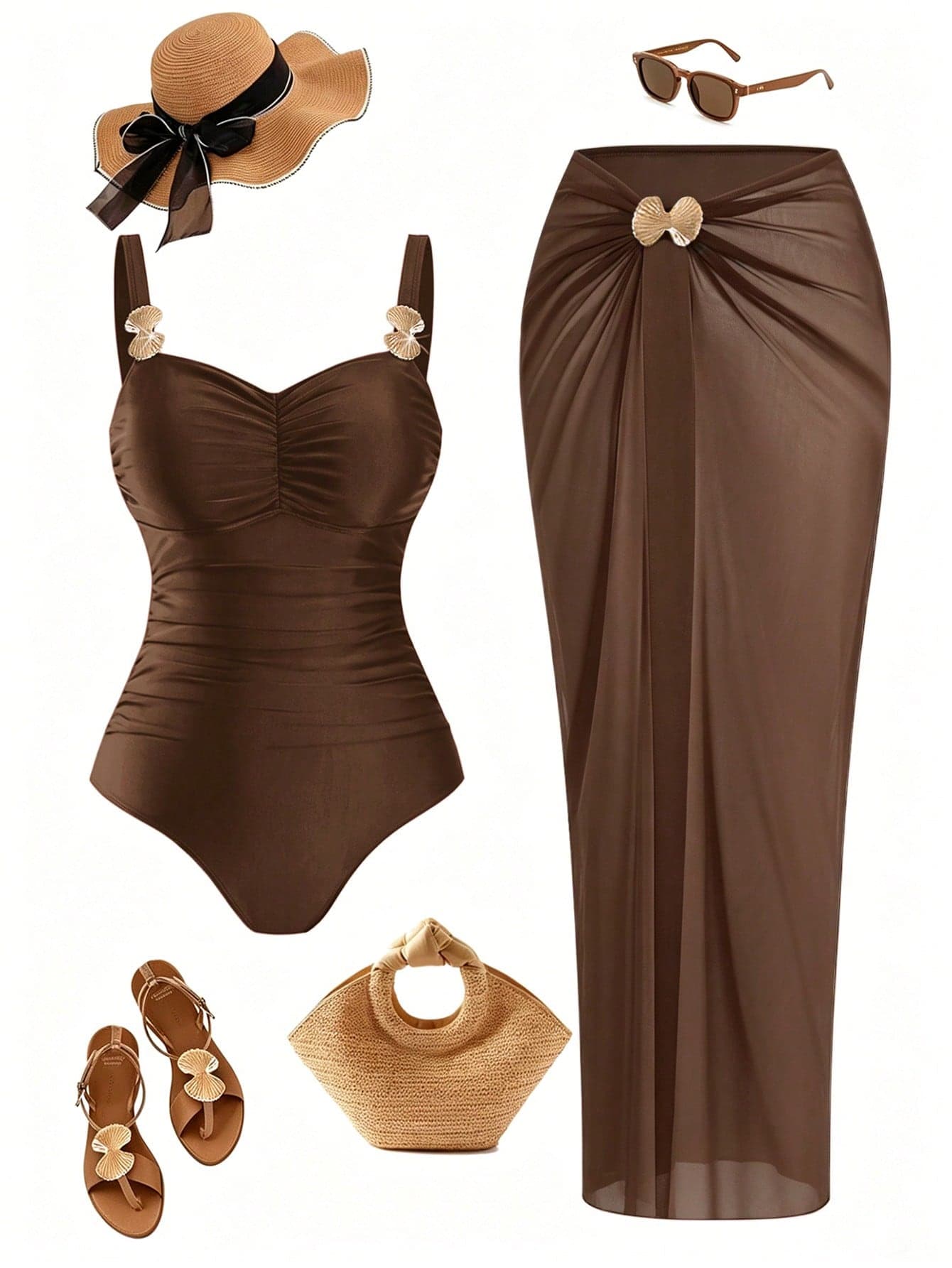 Swim Oasis Plus Size Women 2pcs Set Brown Spaghetti Strap Small V-Neck One-Piece Swimsuit With Mesh Long Skirt Summer Beach Beach Vacation Vacation 1920s