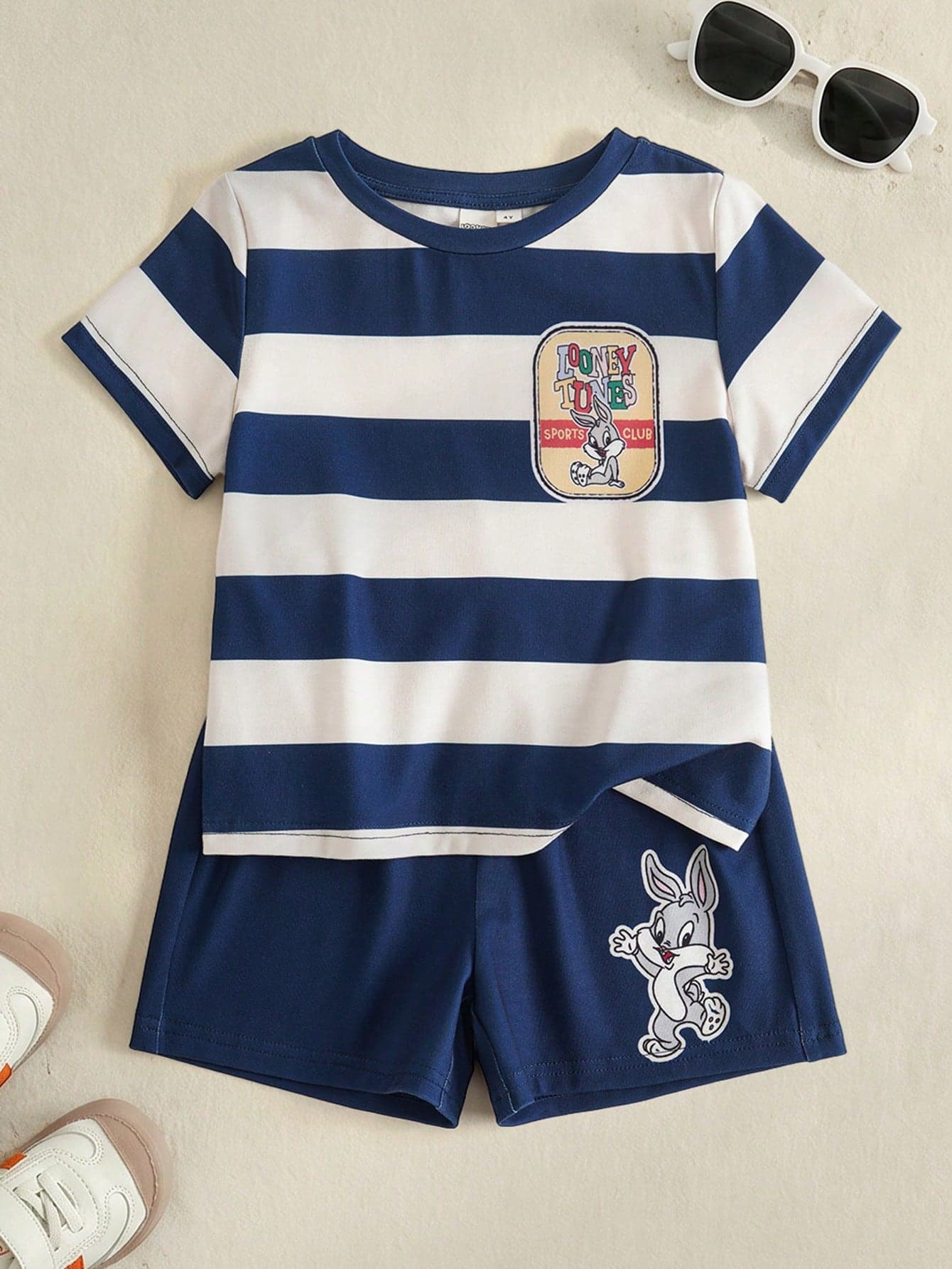 LOONEY TUNES X SHEIN Young Boy Striped Short Sleeve T-Shirt And Shorts Set