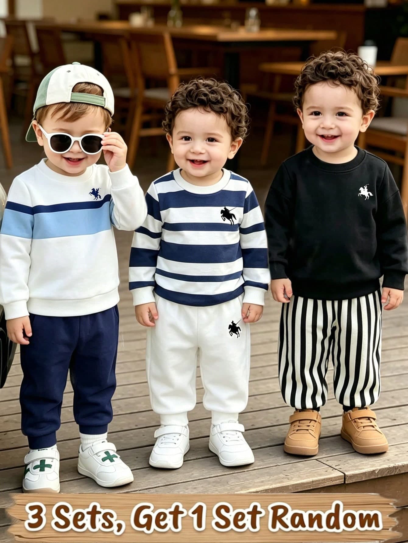 Souflis Souflis Random 3 Sets Get 1 Set  Casual Fashion Versatile Toddler Sweatshirt 2-Piece Set, Fun Cute Striped Knight Design Pattern