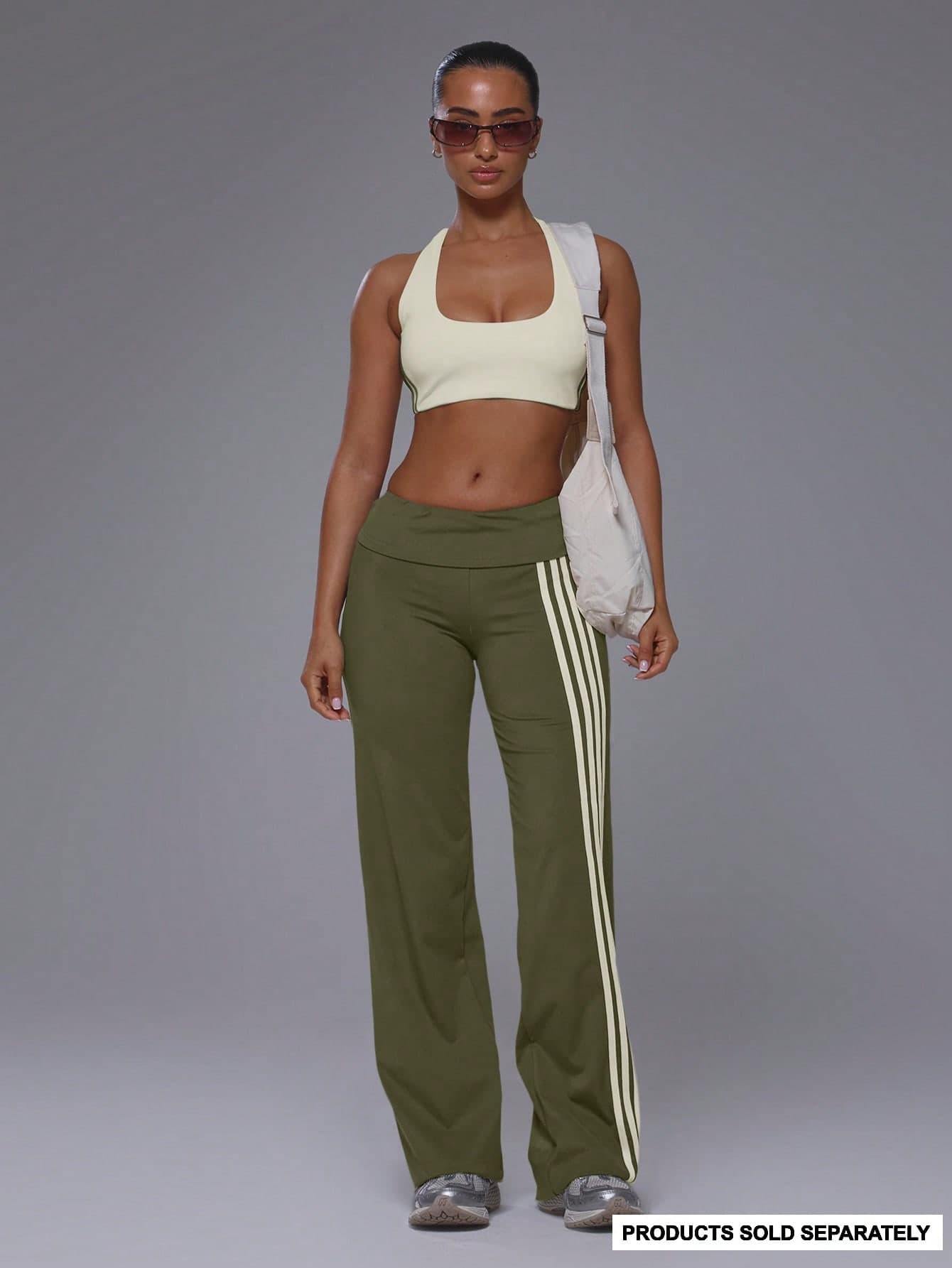 Musera Sport Fold Over Waist 3 Side Stripe Fitted Wide Leg Low Rise Soft Touch Active Trouser Coord Bottoms